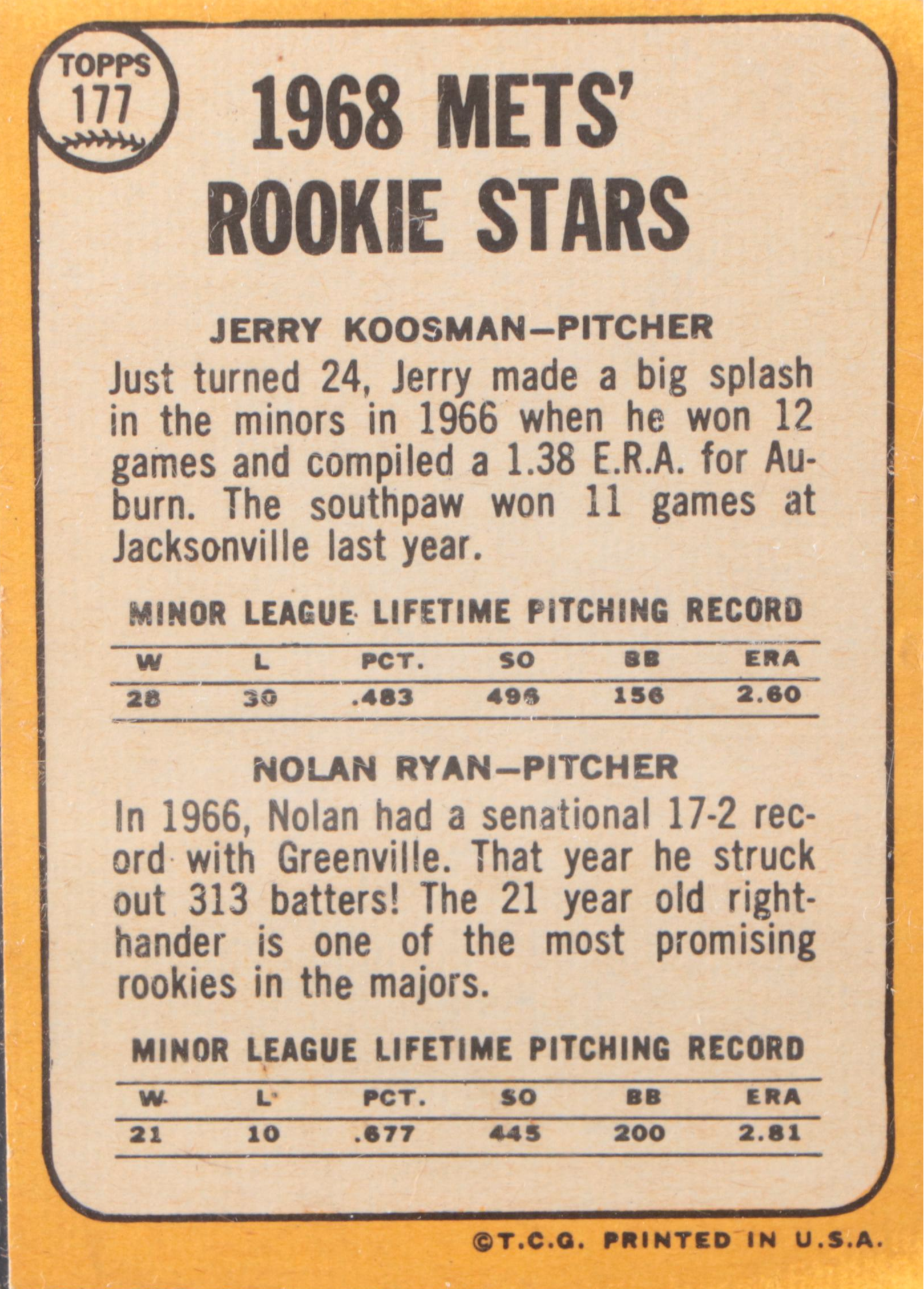 1968 Topps Nolan Ryan New York Mets Rookie Baseball Card