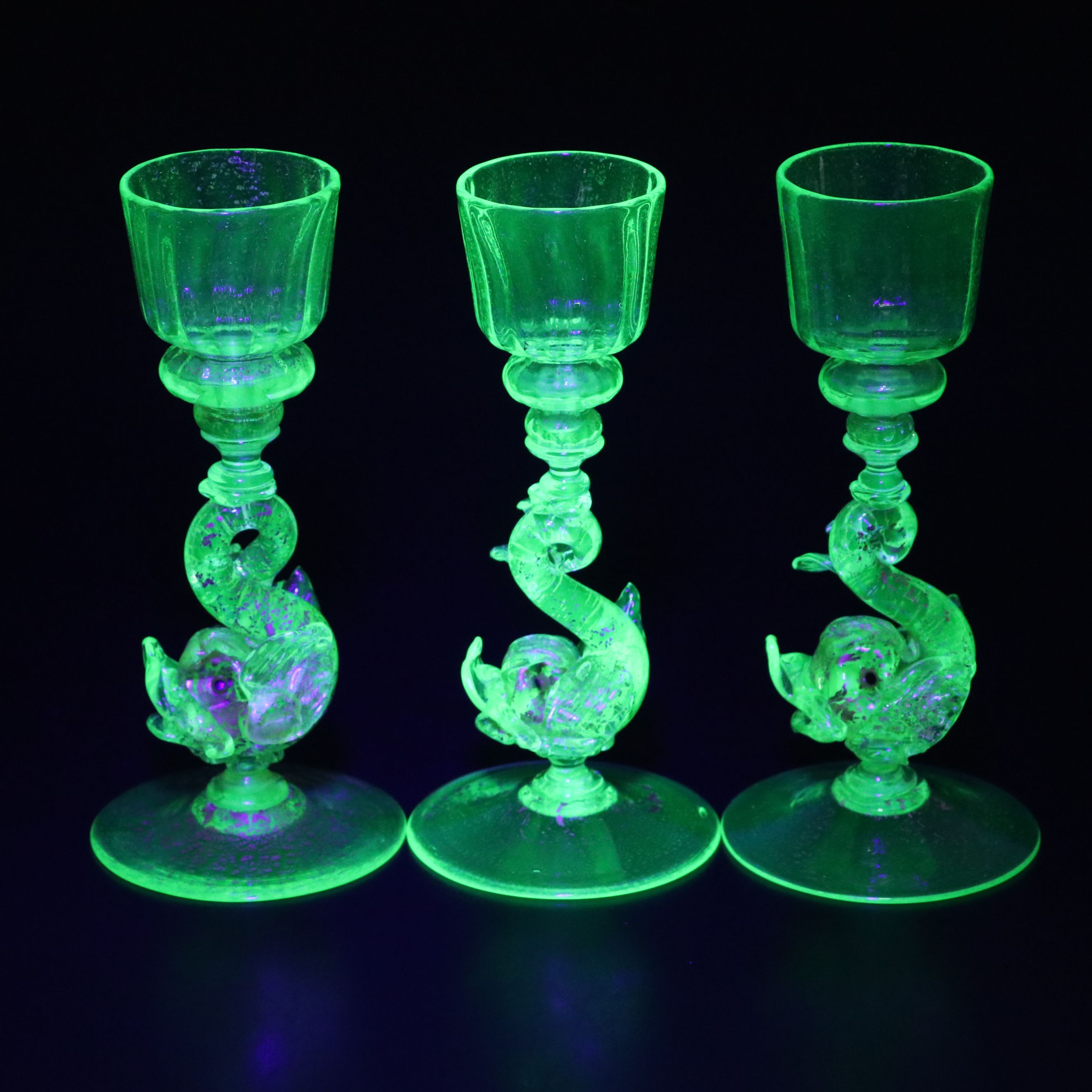 Venetian Style Blown Glass Rococo Dolphin Stem Goblets and Table Accessories