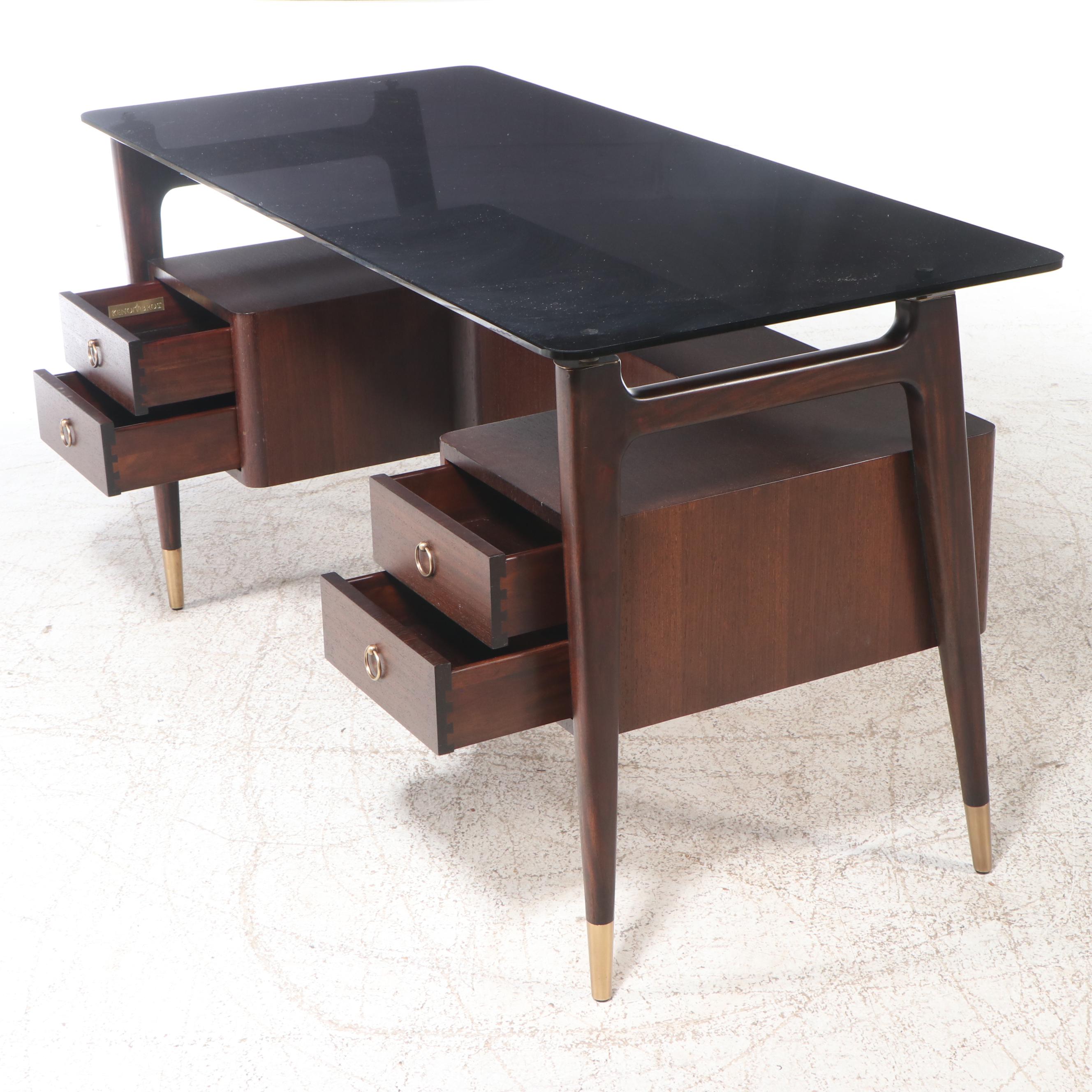 Keno Bros Mid Century Modern Style Smoked Glass and Walnut Desk