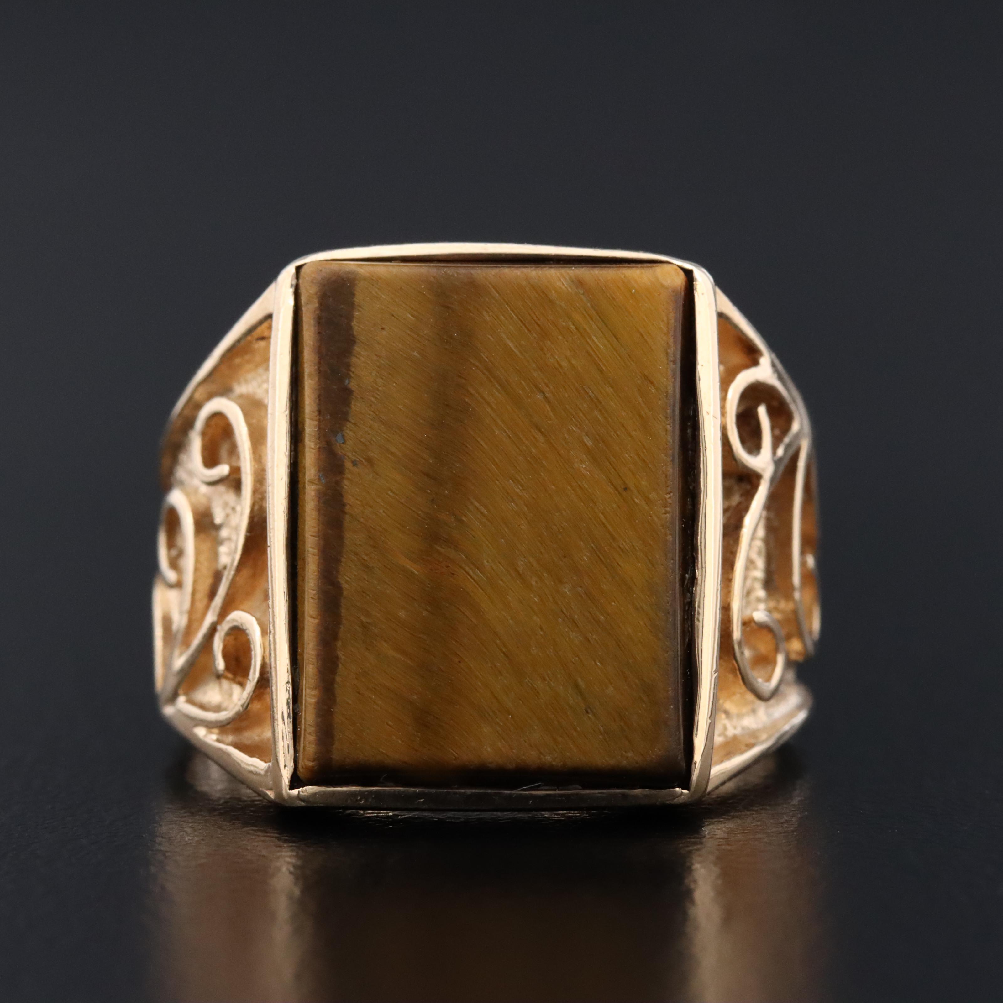 10K Tiger's Eye Ring with Scrollwork Detail