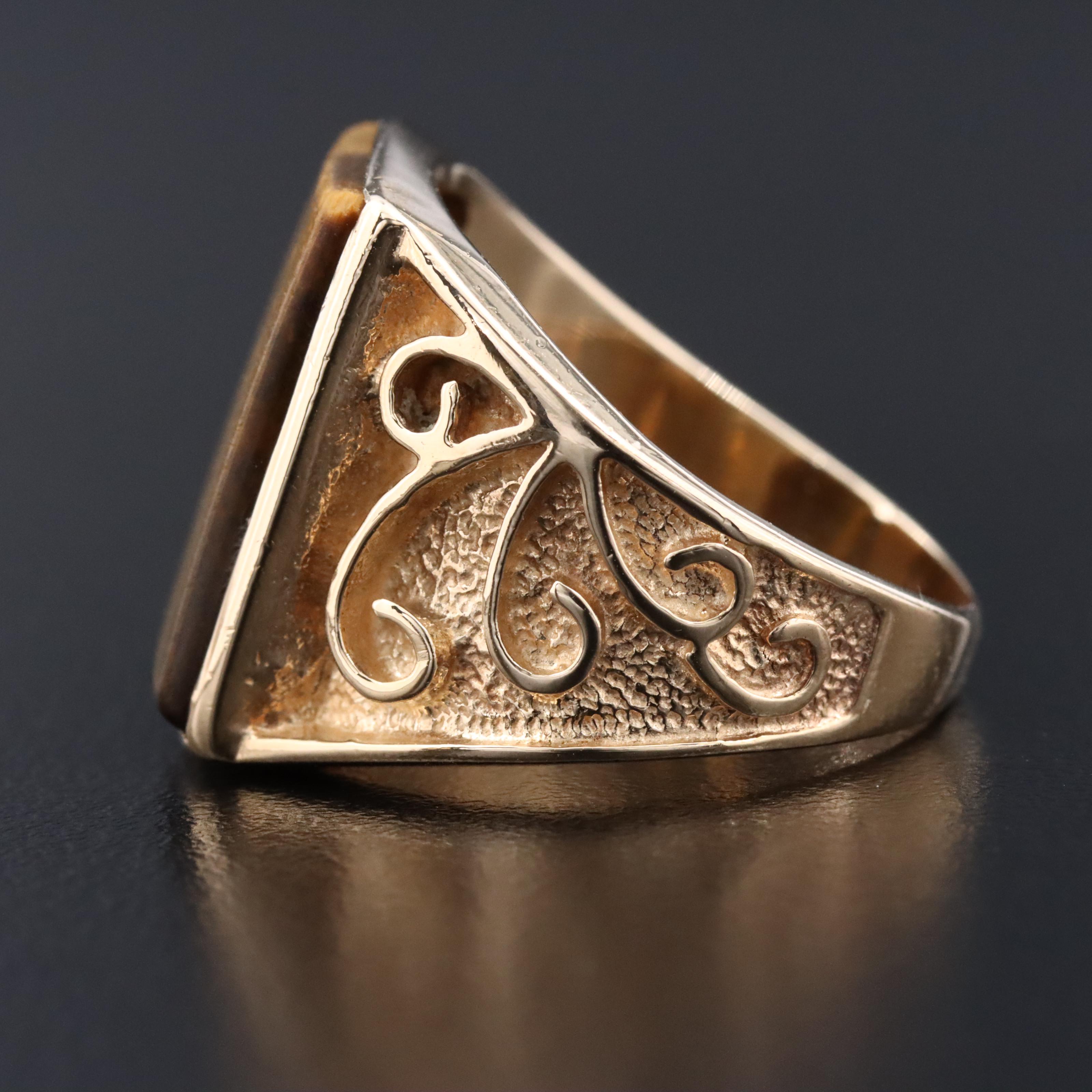 10K Tiger's Eye Ring with Scrollwork Detail