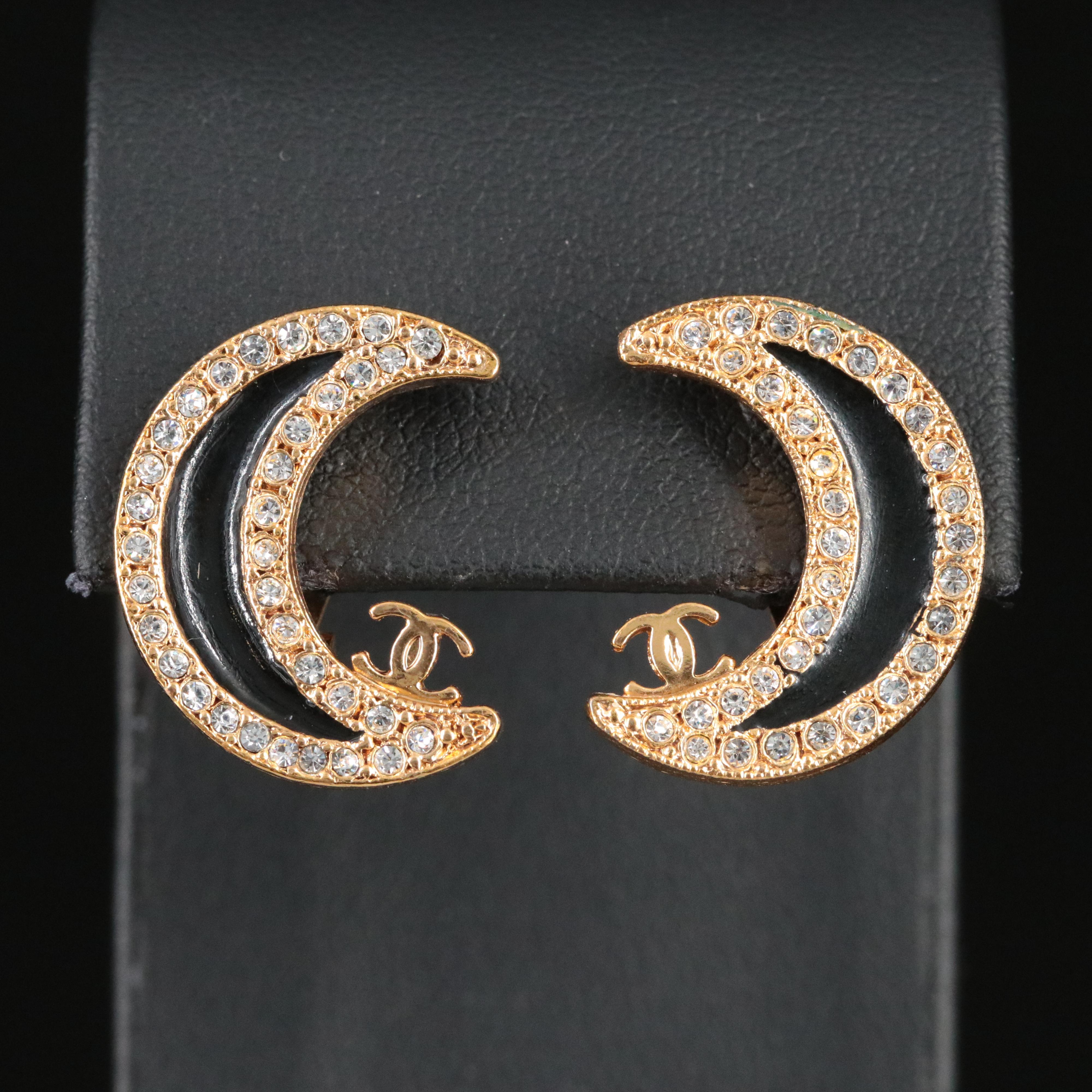 Chanel CC Crystal and Black Enamel Clip Earrings 2001