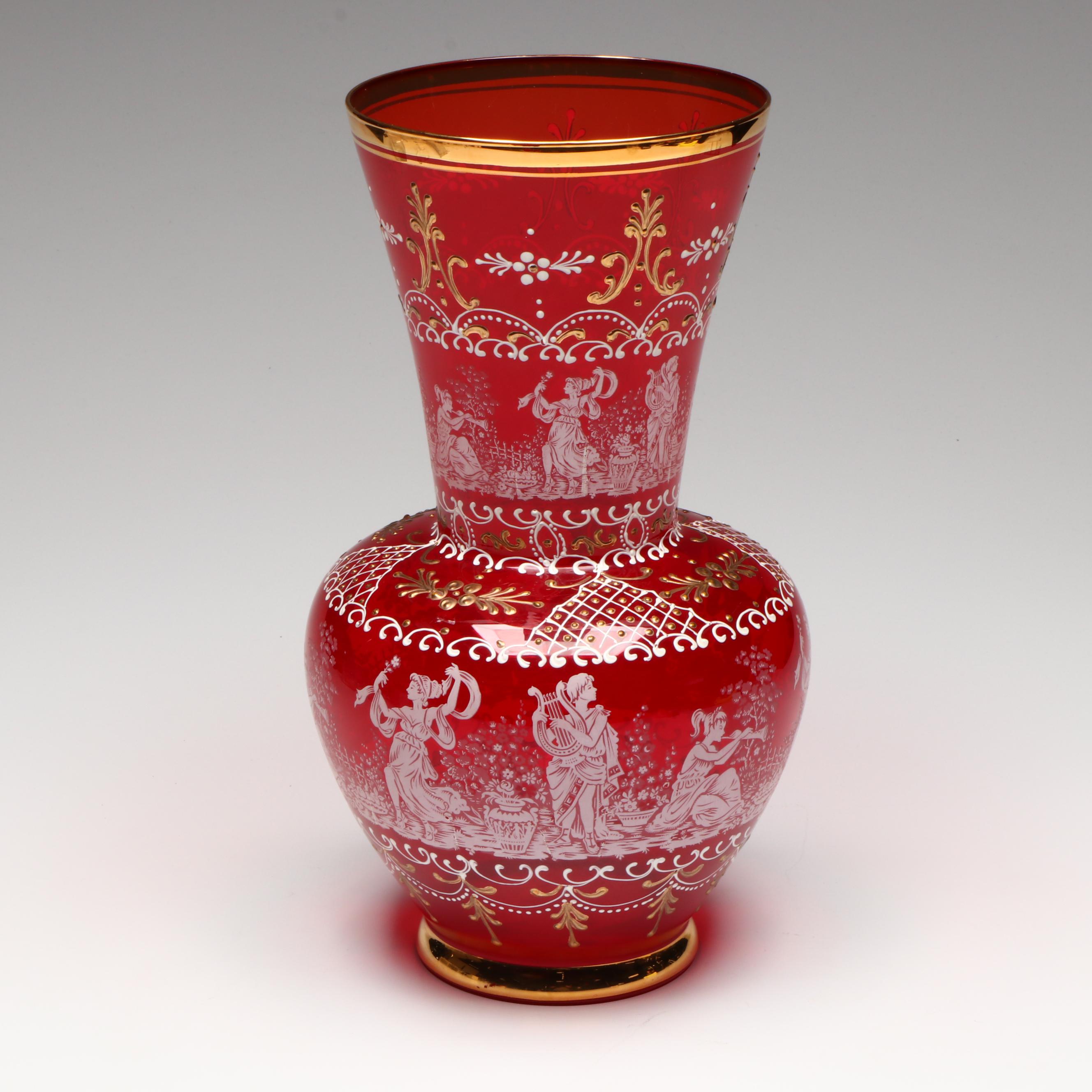 Italian Enameled and Gilt Ruby Glass Vase, Mid-20th Century