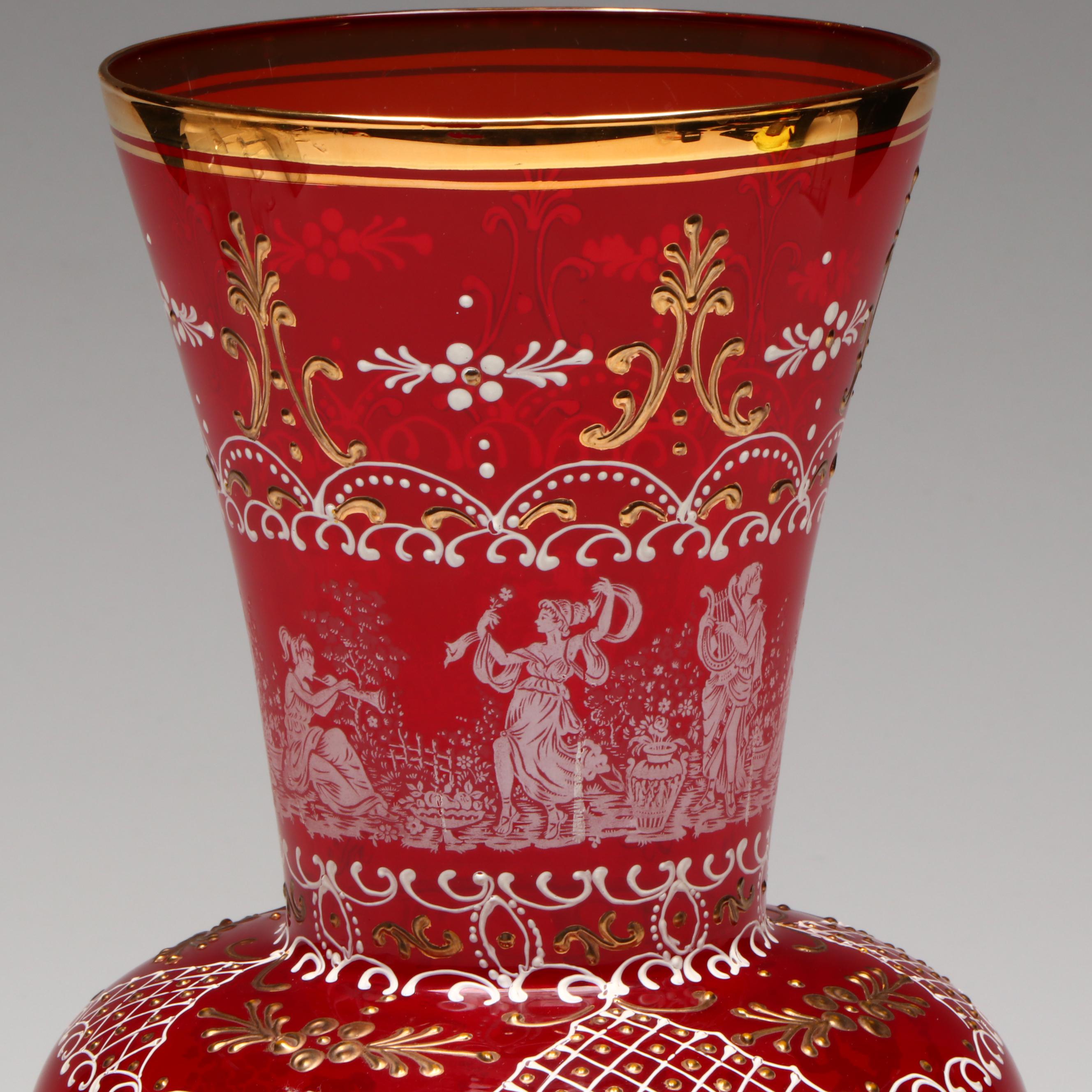 Italian Enameled and Gilt Ruby Glass Vase, Mid-20th Century