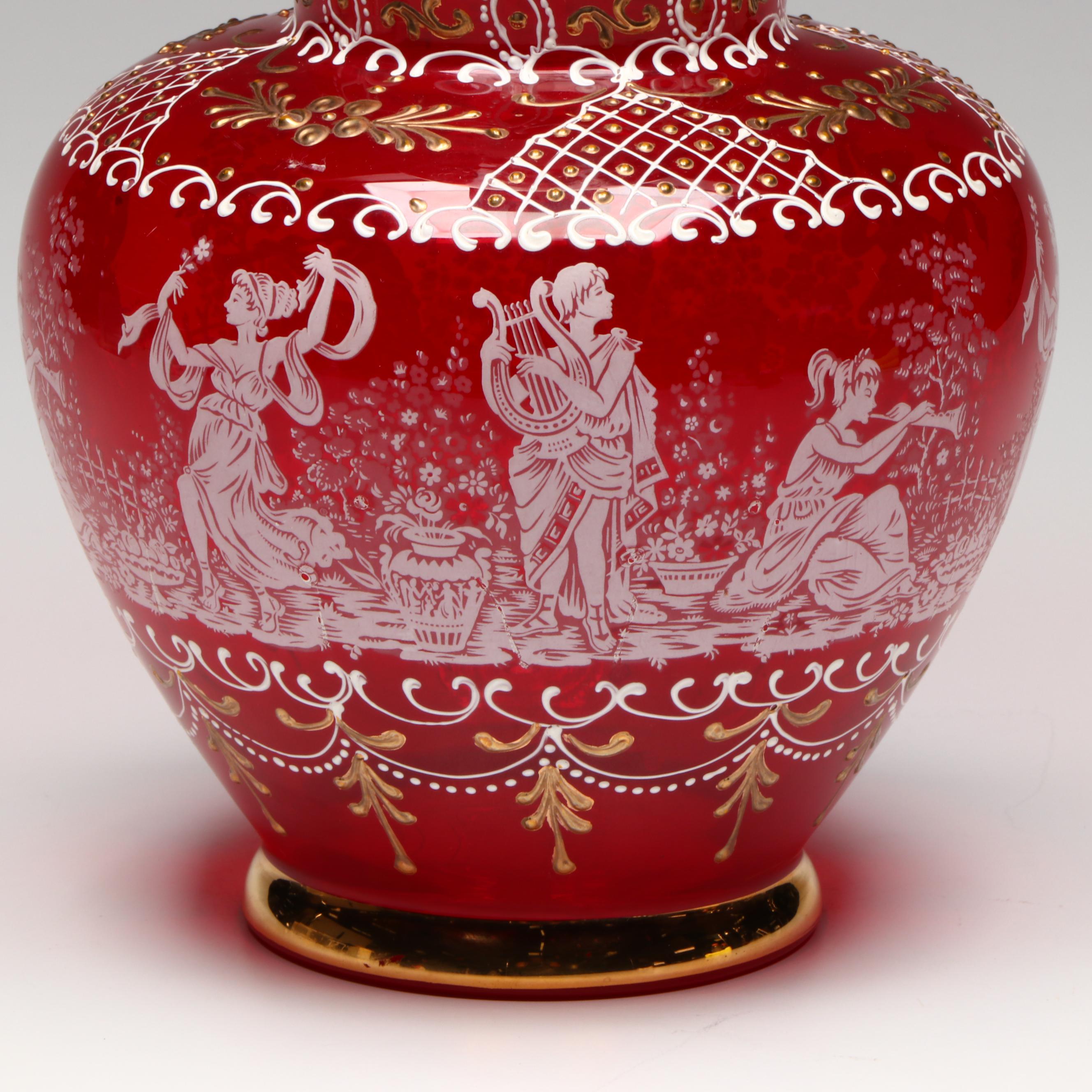 Italian Enameled and Gilt Ruby Glass Vase, Mid-20th Century