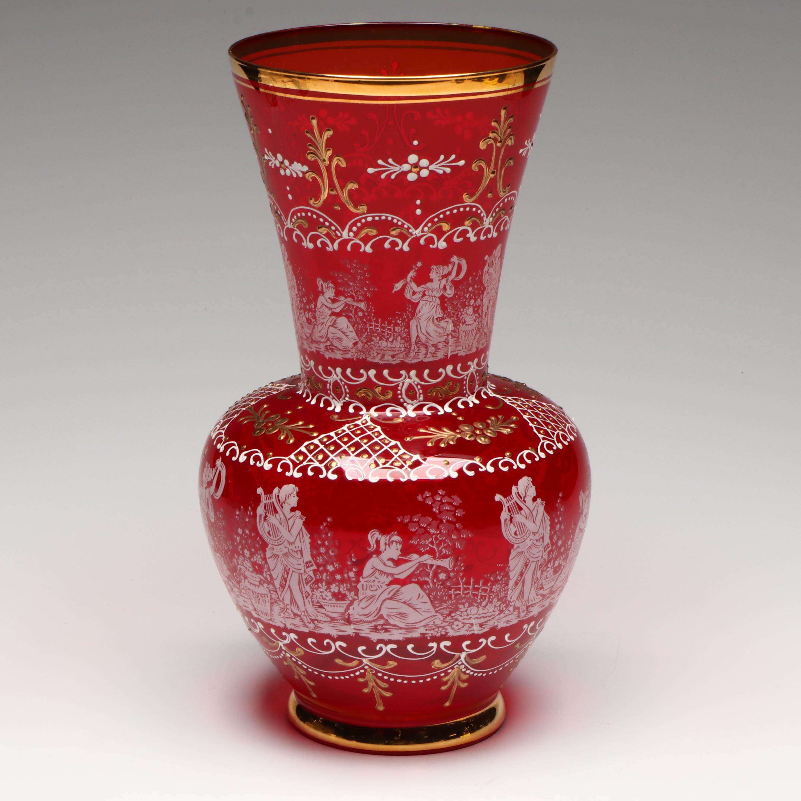Italian Enameled and Gilt Ruby Glass Vase, Mid-20th Century