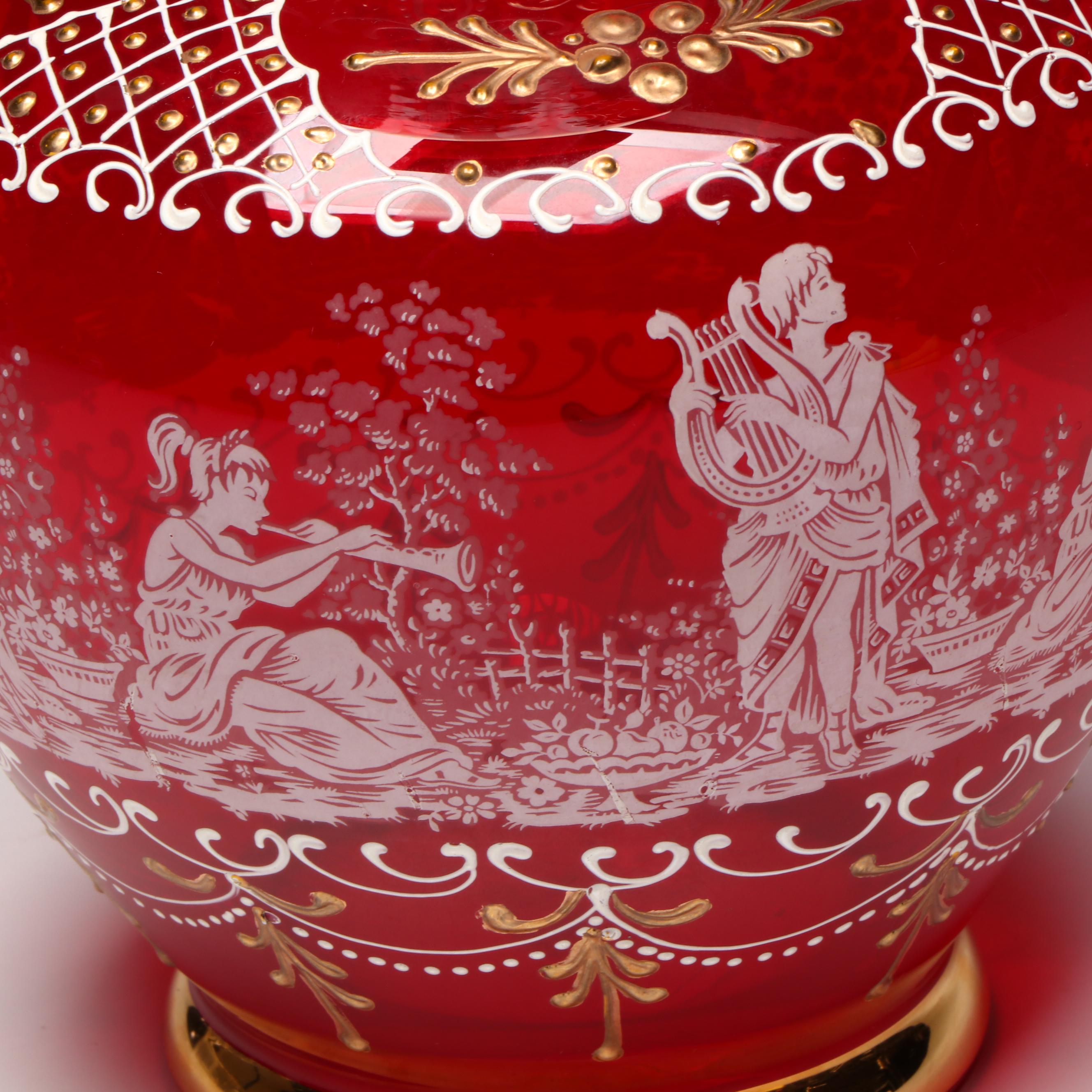 Italian Enameled and Gilt Ruby Glass Vase, Mid-20th Century