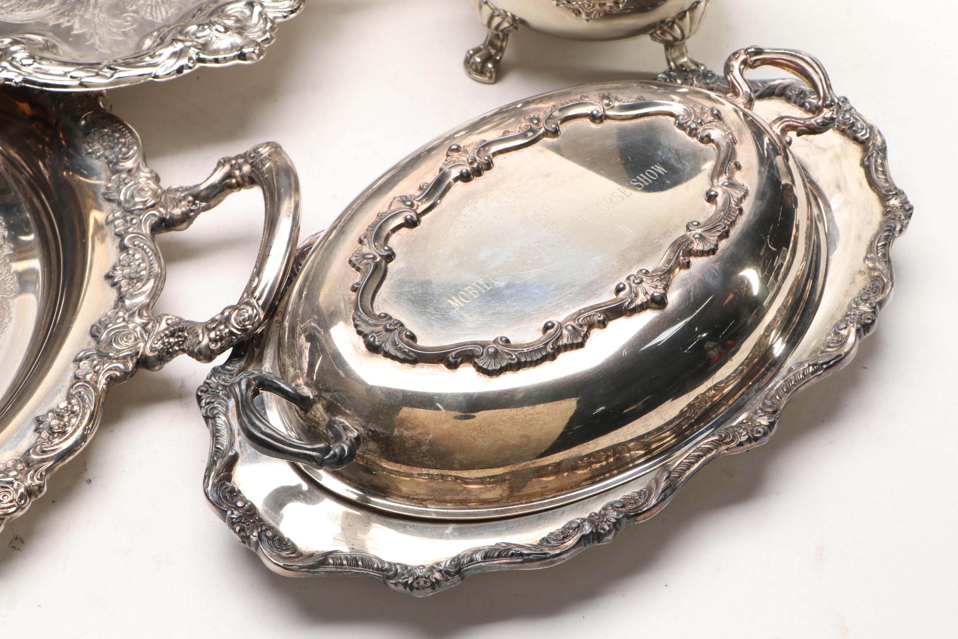 Towle Tray with Equestrian Trophies and Other Silver Plate Table Accessories