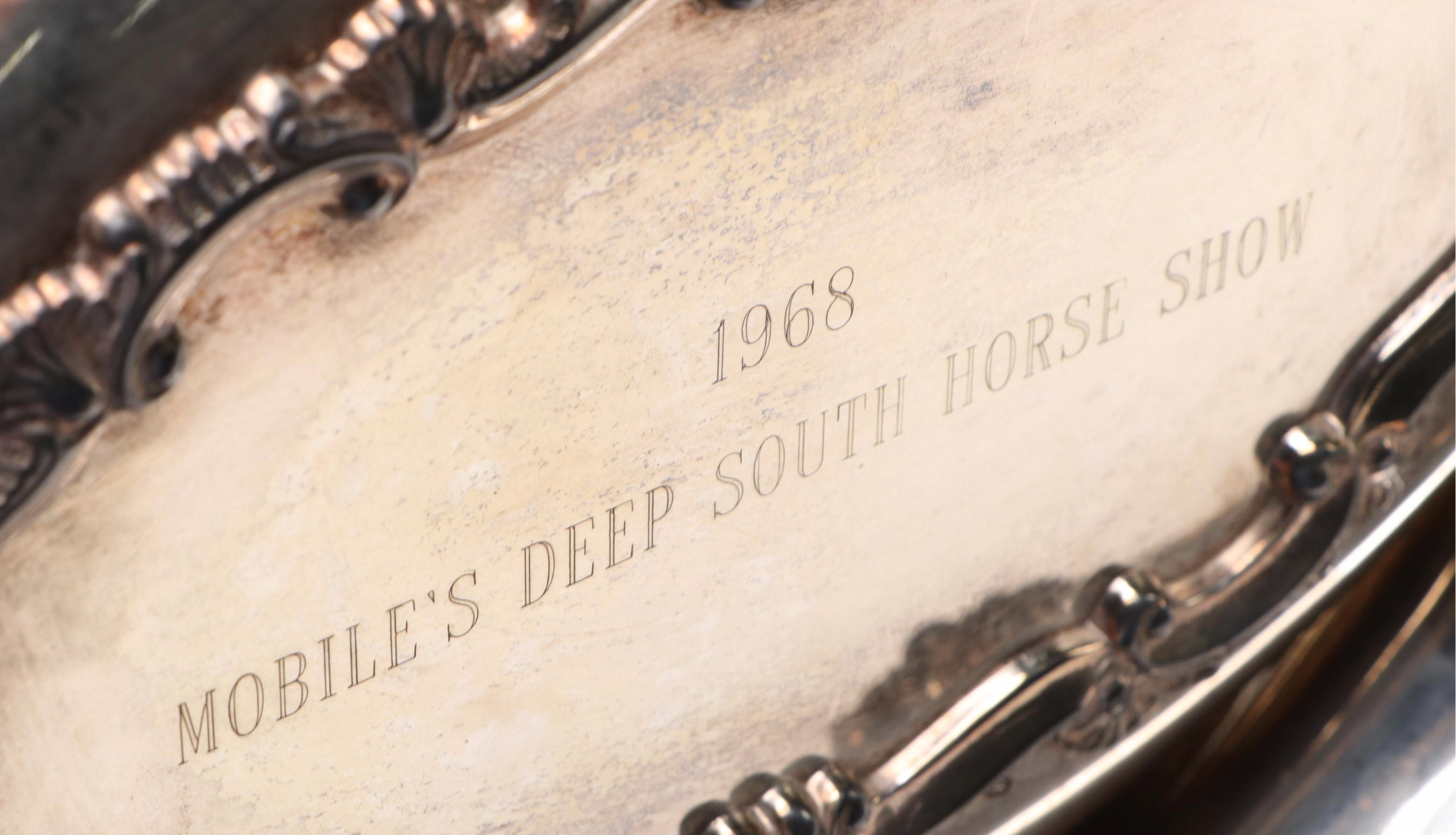 Towle Tray with Equestrian Trophies and Other Silver Plate Table Accessories