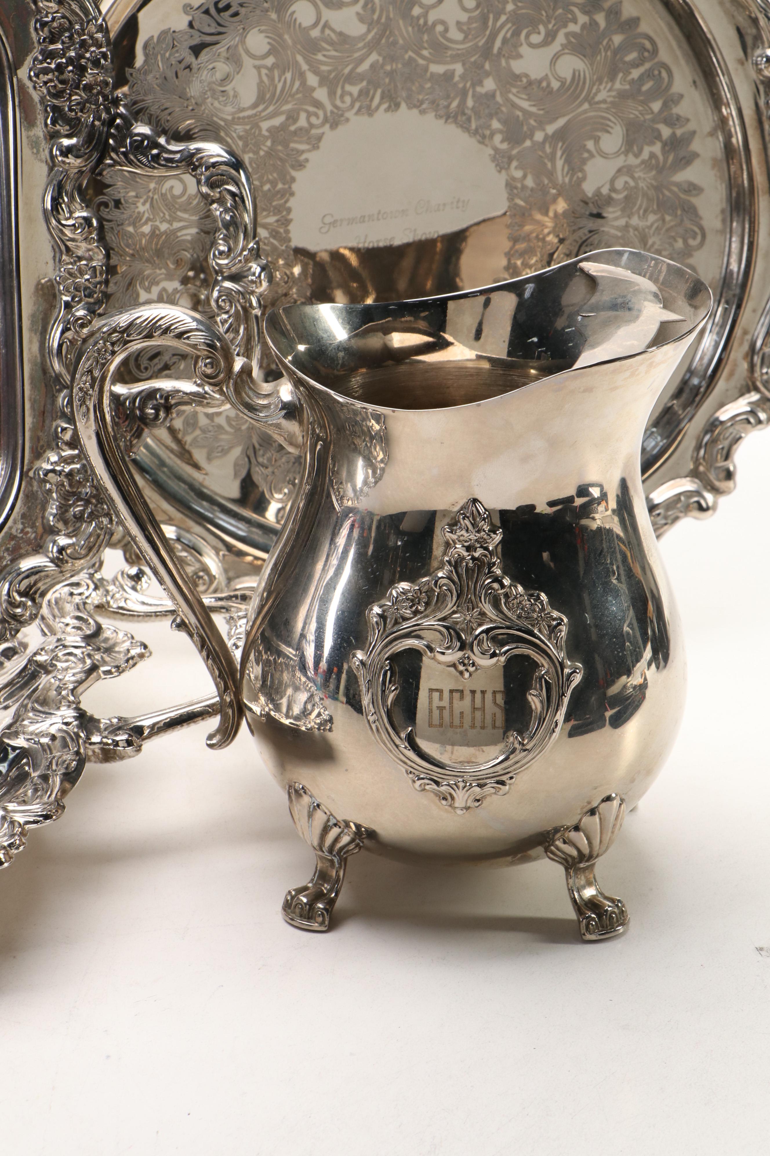 Towle Tray with Equestrian Trophies and Other Silver Plate Table Accessories