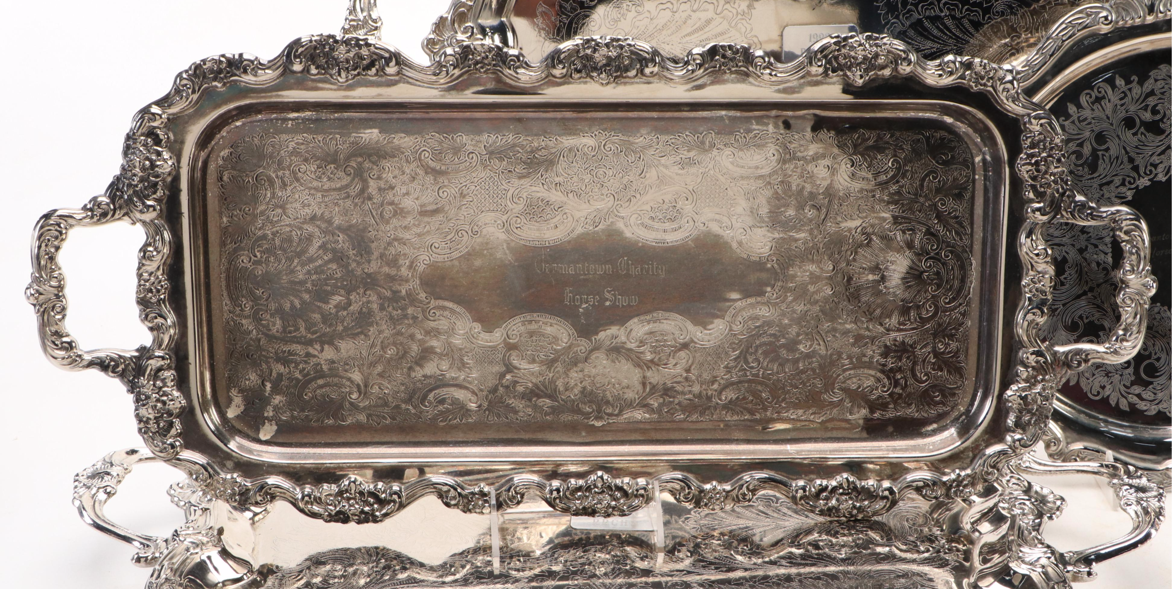 Towle Tray with Equestrian Trophies and Other Silver Plate Table Accessories