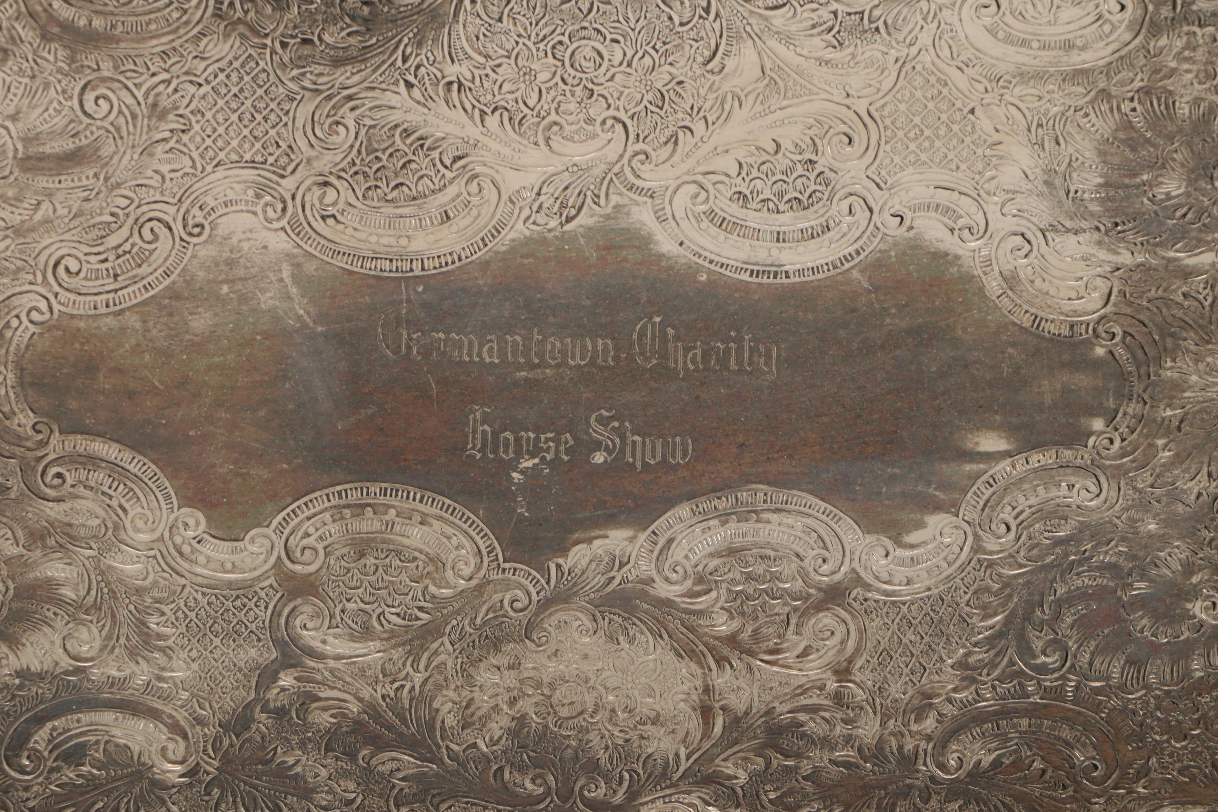 Towle Tray with Equestrian Trophies and Other Silver Plate Table Accessories