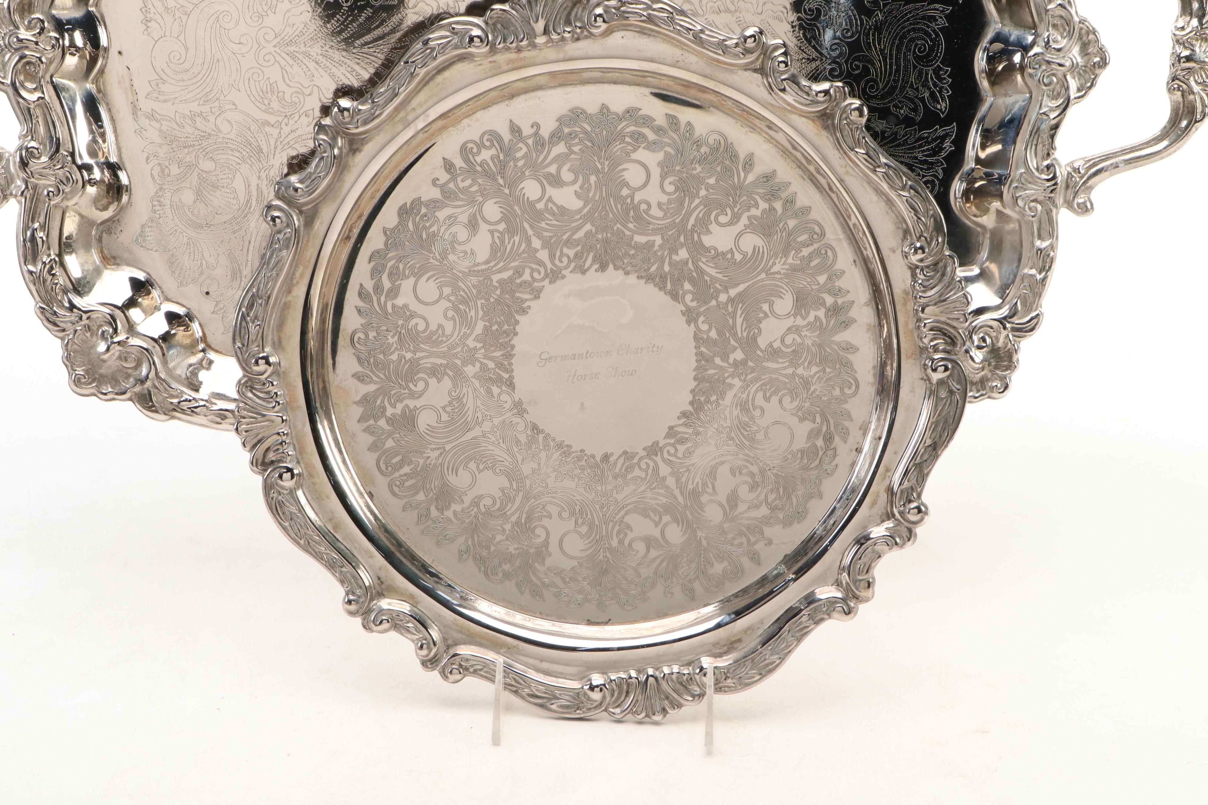 Towle Tray with Equestrian Trophies and Other Silver Plate Table Accessories