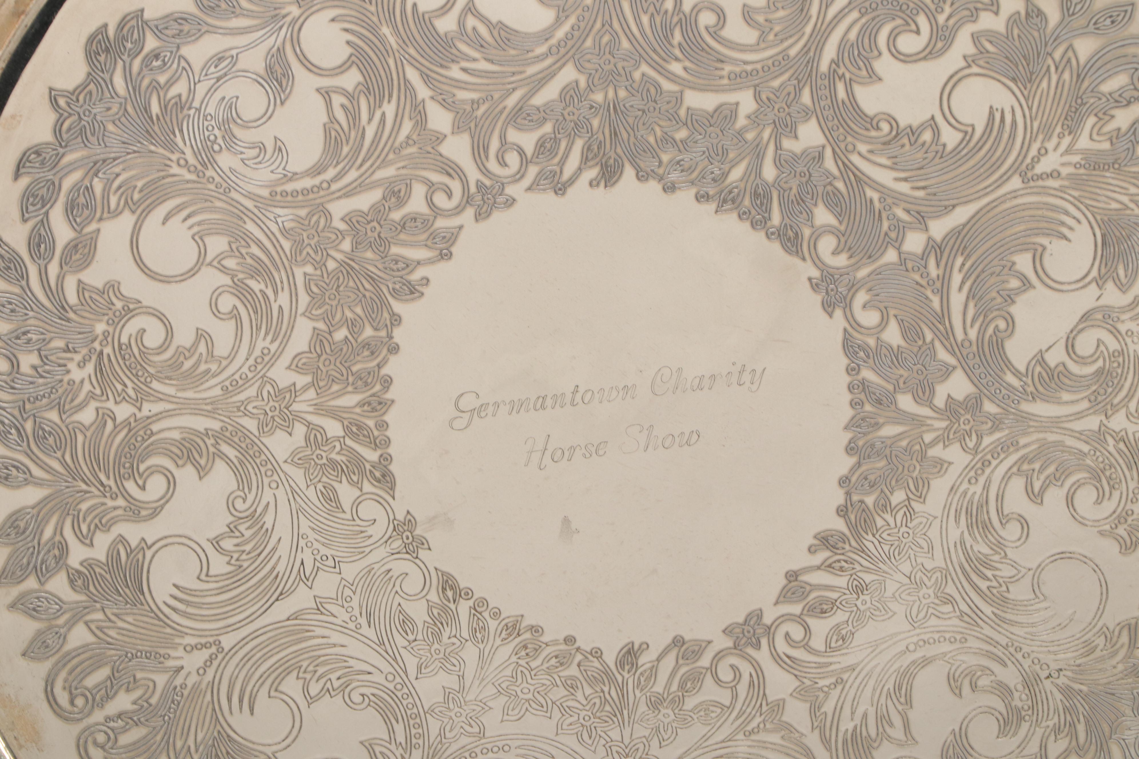 Towle Tray with Equestrian Trophies and Other Silver Plate Table Accessories