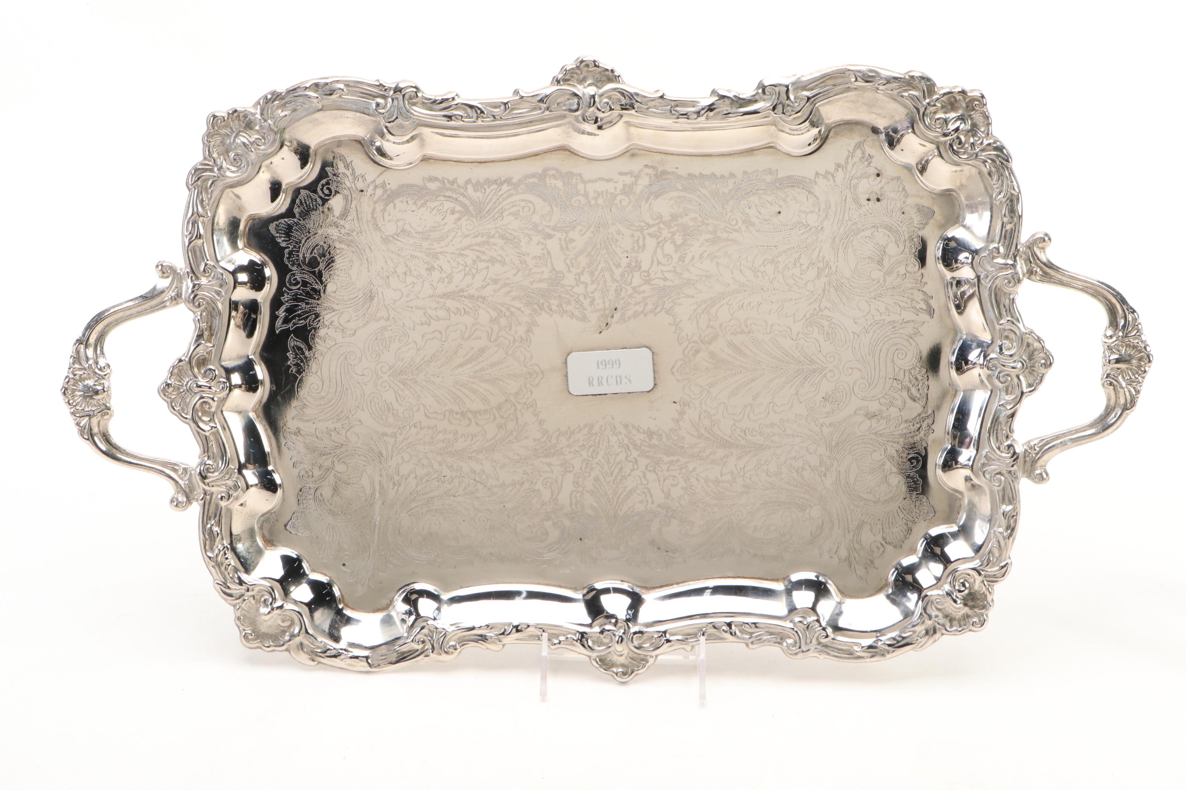 Towle Tray with Equestrian Trophies and Other Silver Plate Table Accessories