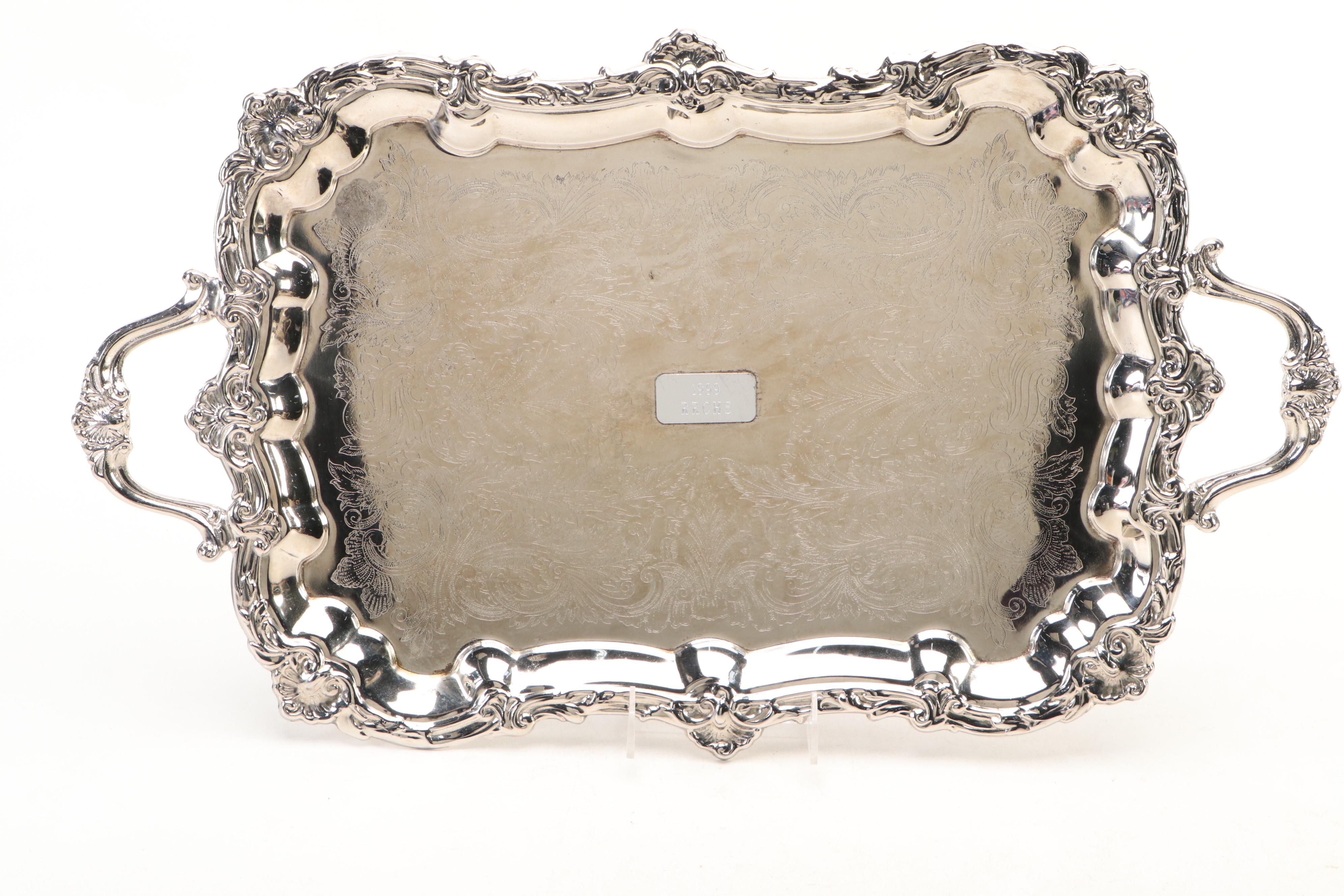 Towle Tray with Equestrian Trophies and Other Silver Plate Table Accessories