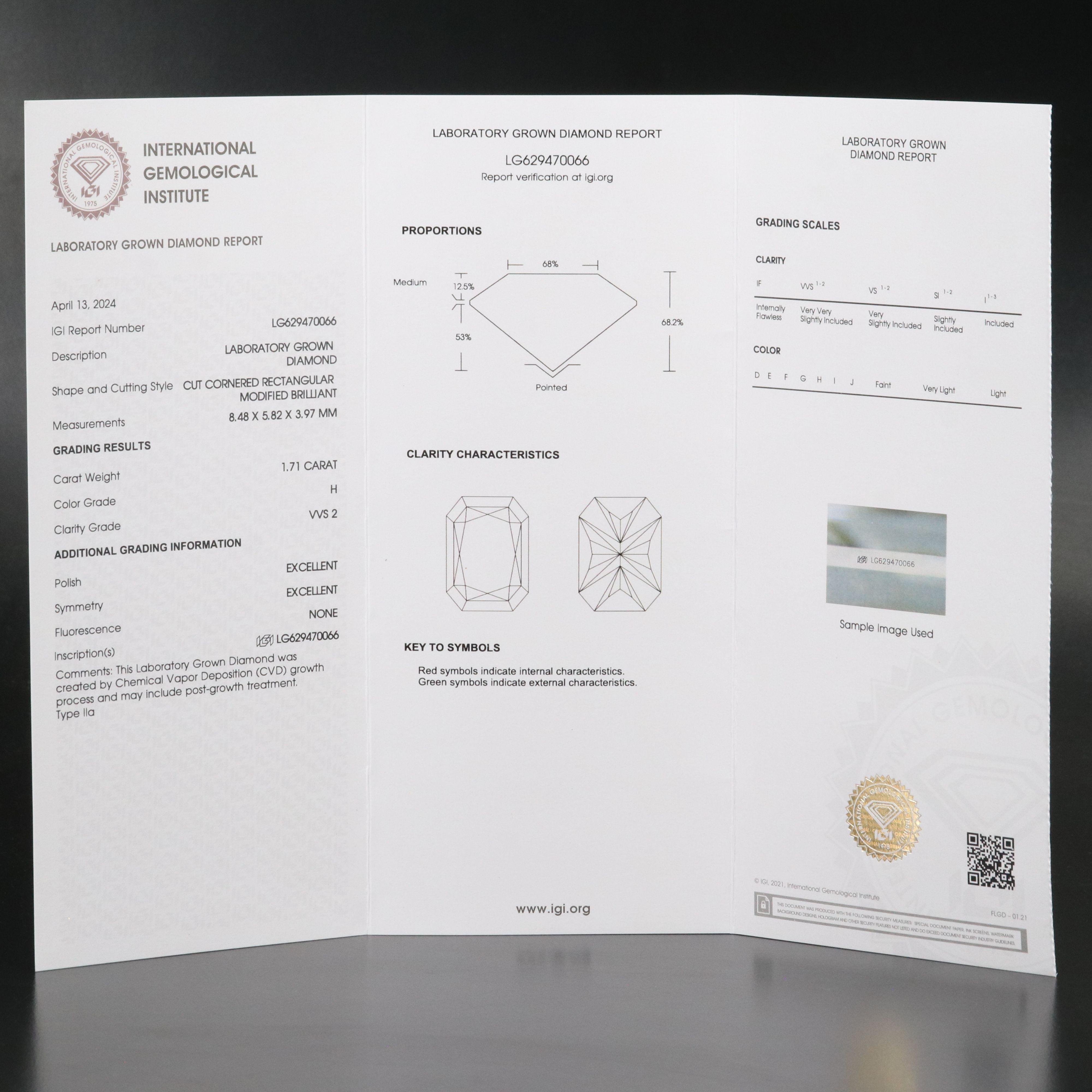 Loose 1.71 CT Lab Grown Diamond with IGI Report