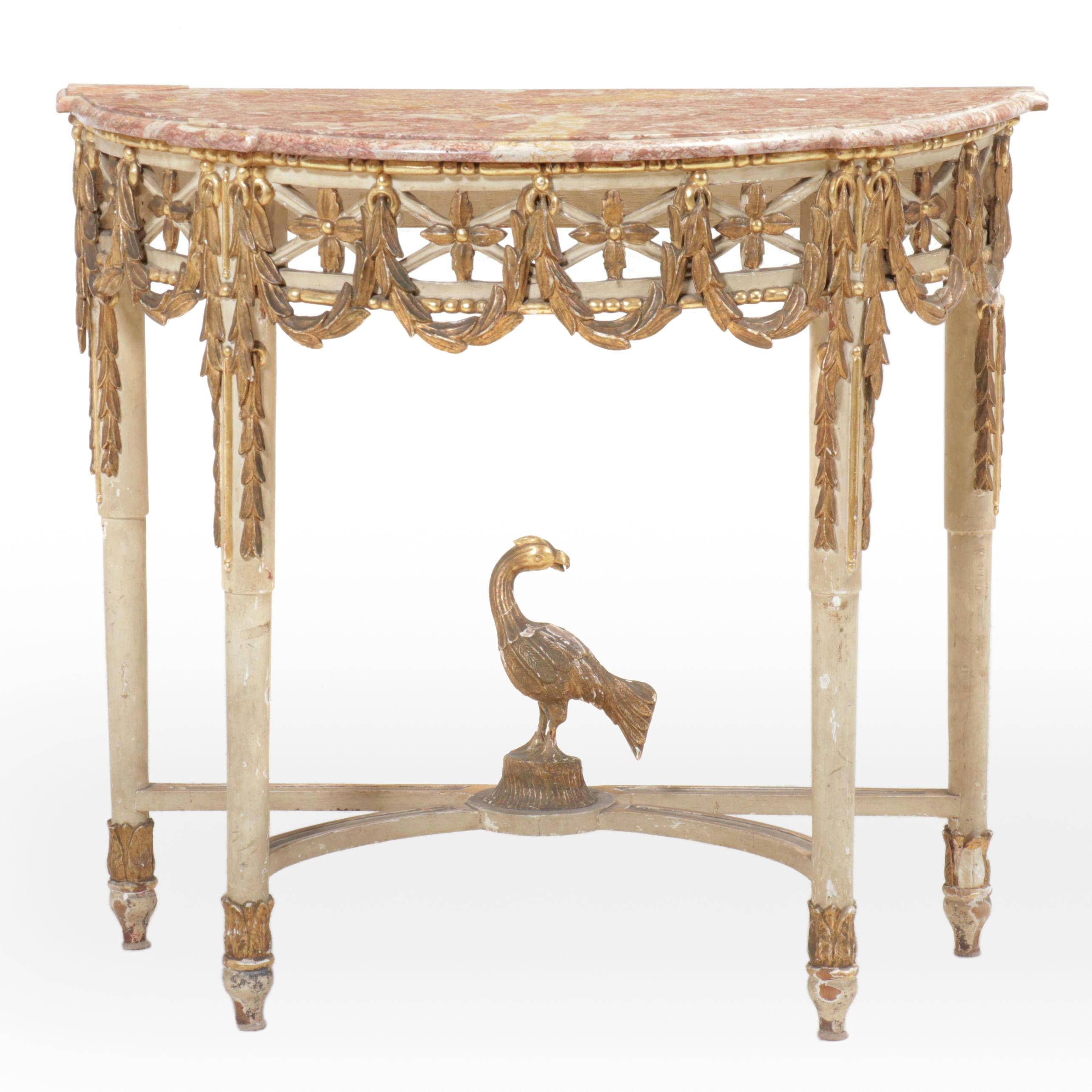 Louis XVI Style Marble Top Demilune Console Table