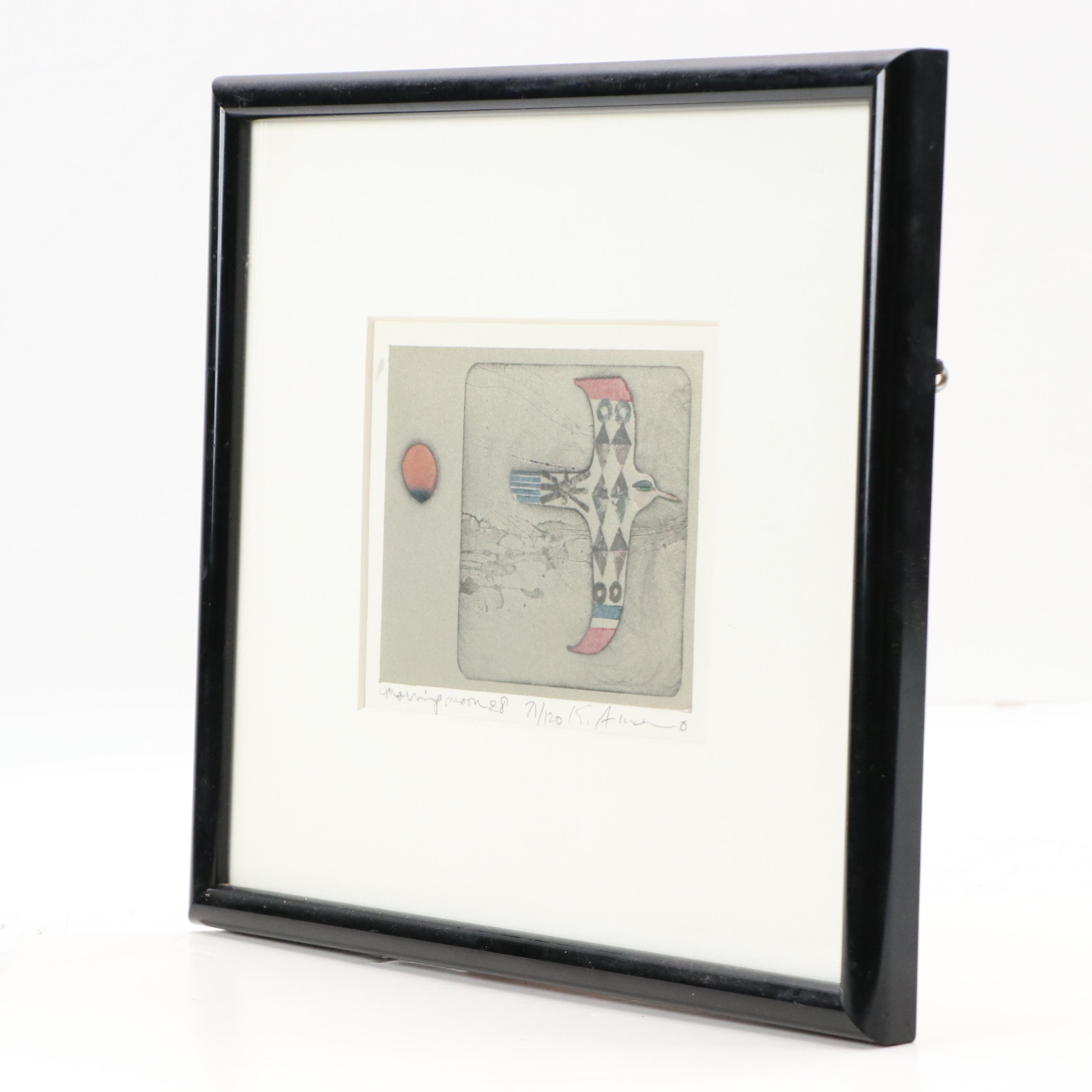 Kunihiro Amano Woodblock "Morning Moon," 1978