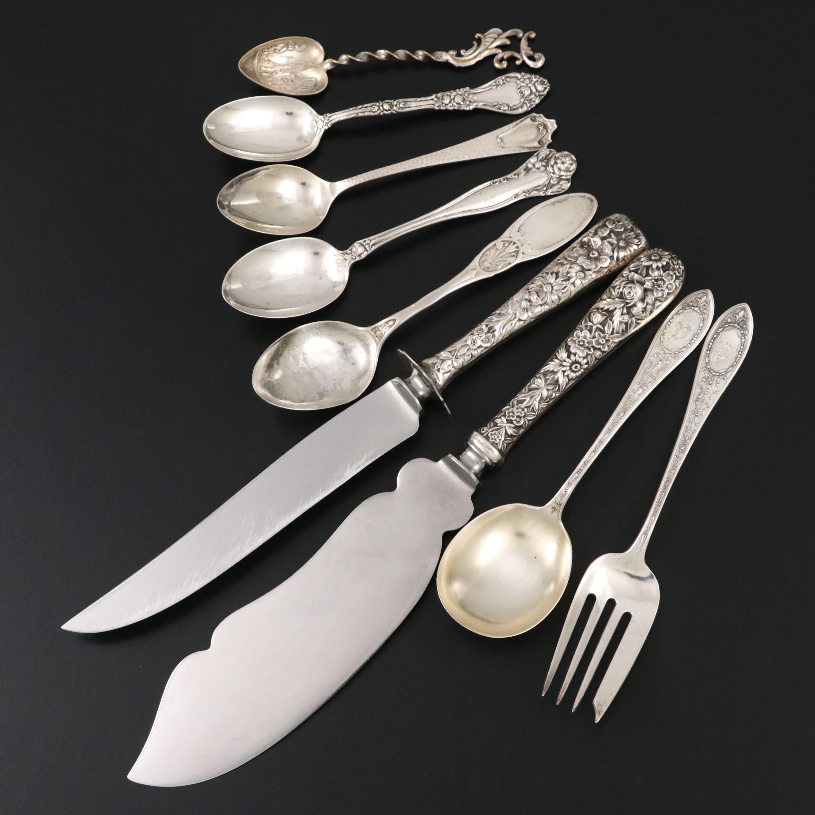 Henry Dehnel Co. Sterling Serving Spoon and Fork with Other Sterling Flatware