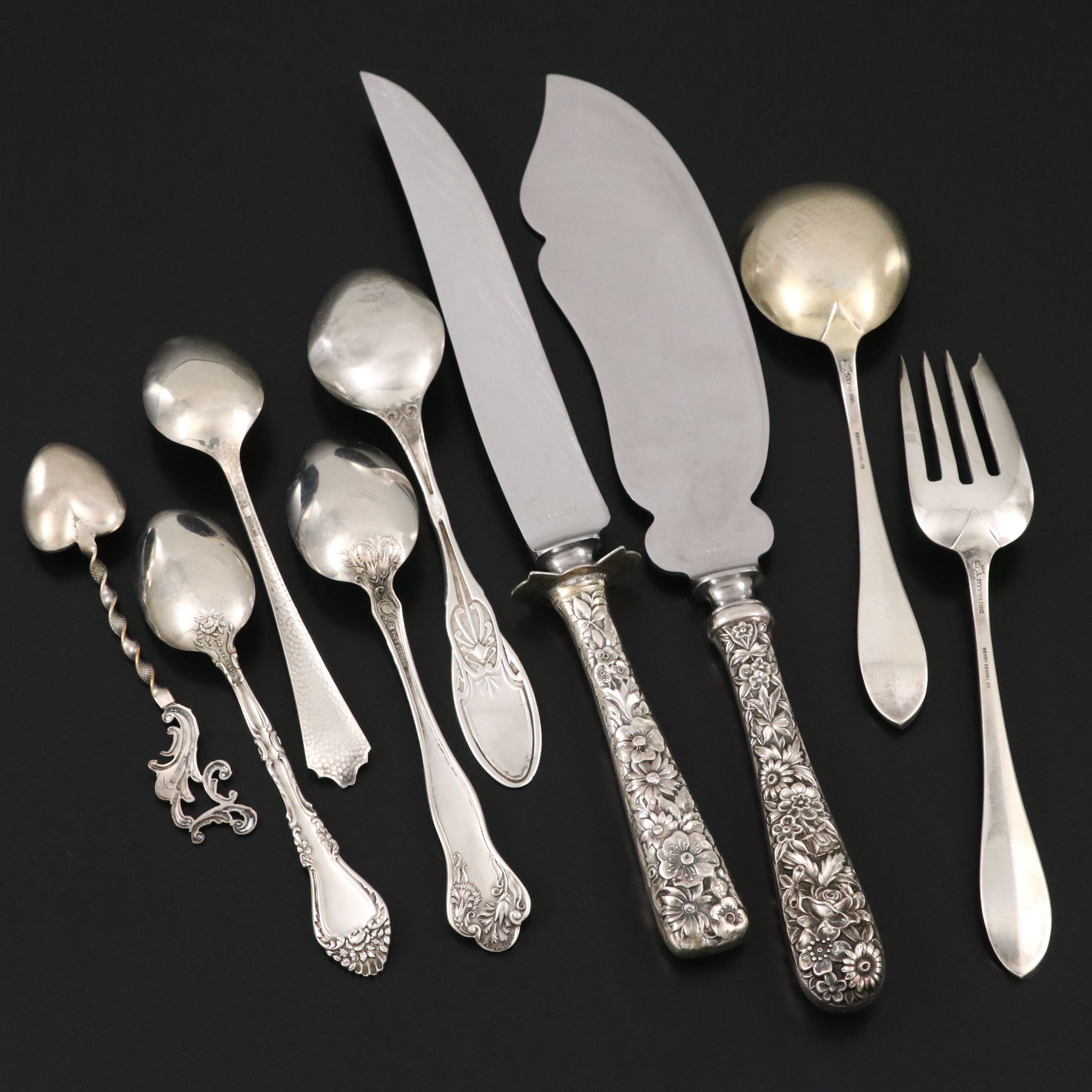 Henry Dehnel Co. Sterling Serving Spoon and Fork with Other Sterling Flatware