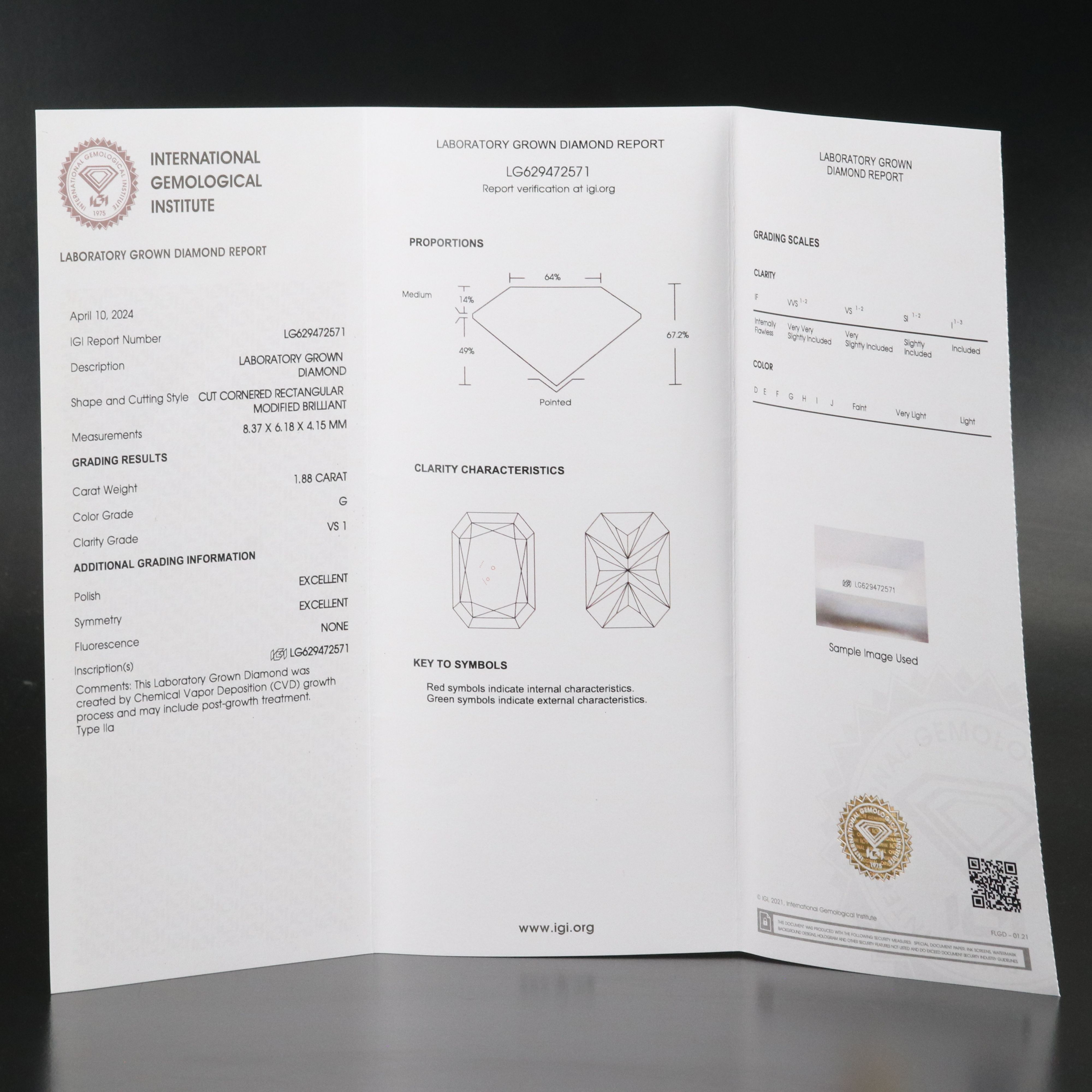 Loose 1.88 CT Lab Grown Diamond with IGI Report