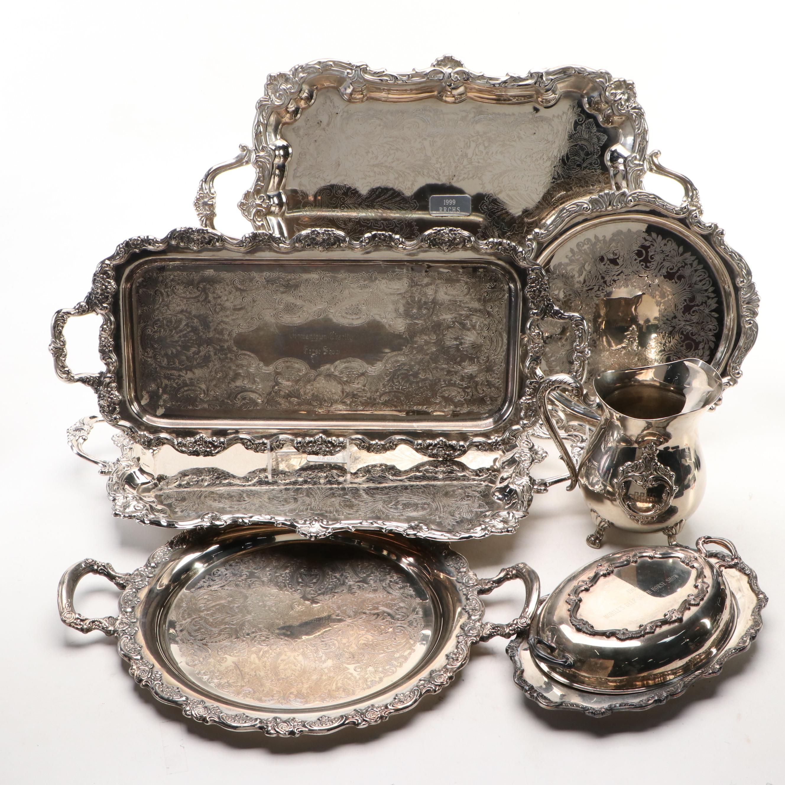 Towle Tray with Equestrian Trophies and Other Silver Plate Table Accessories