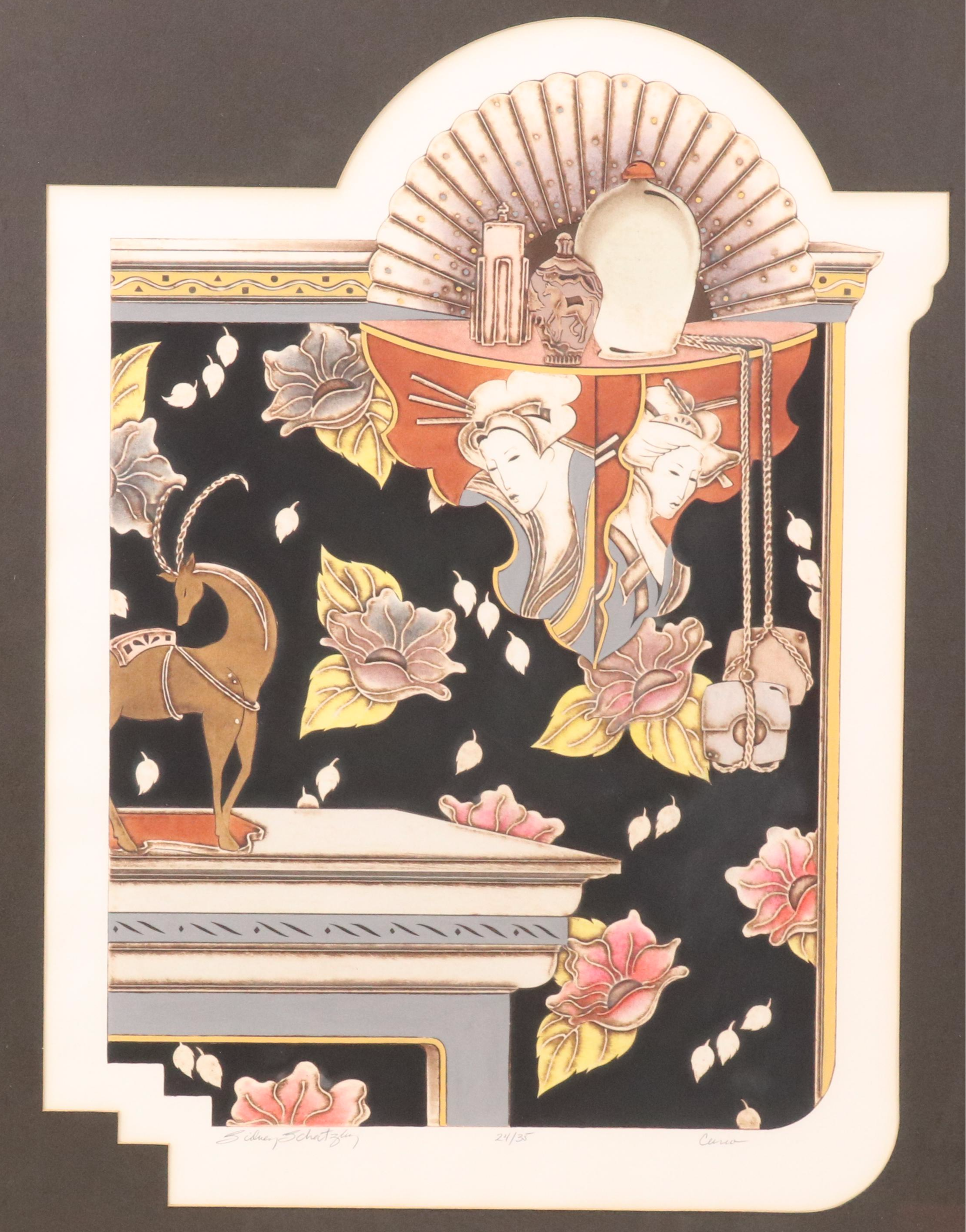 Sidney Schatzky Stylized Still Life Collograph with Animal and Floral Motifs