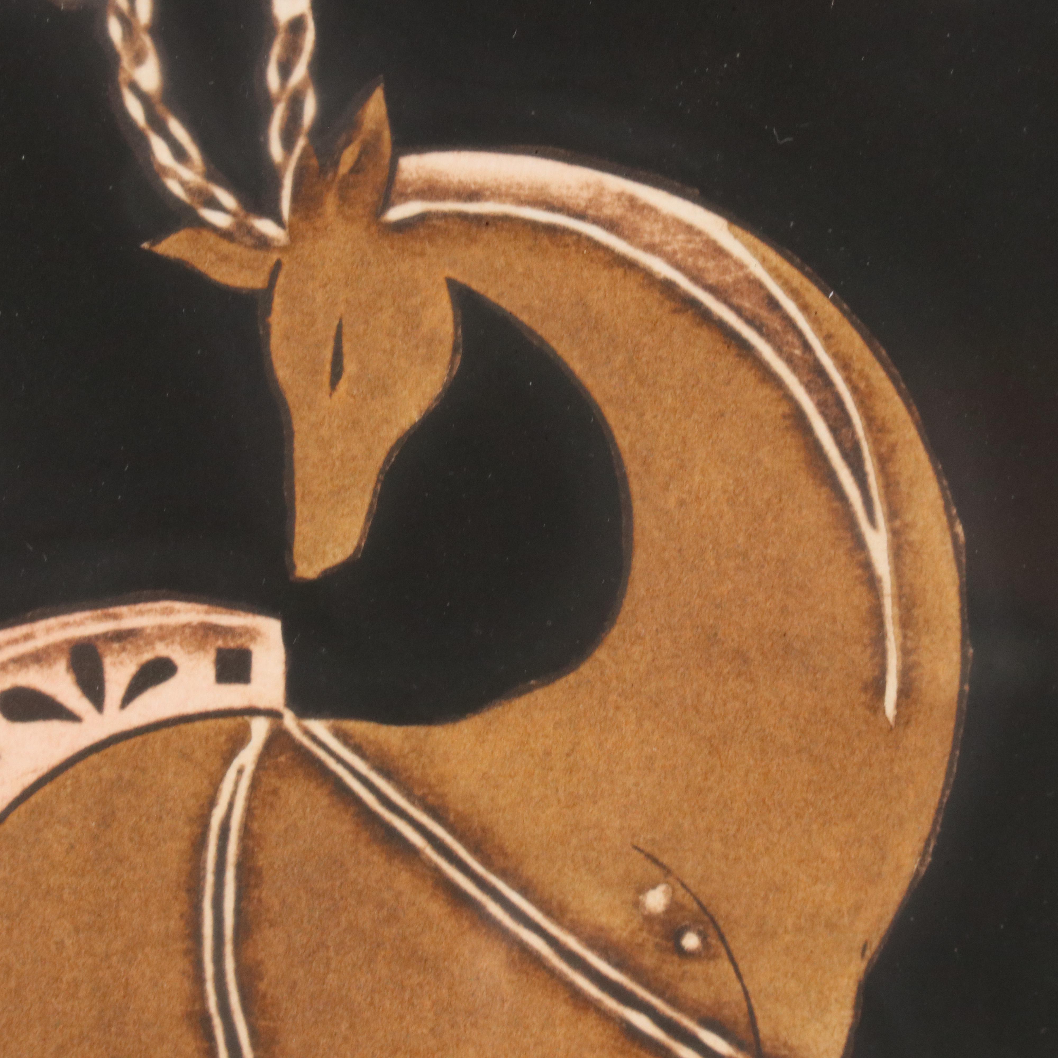 Sidney Schatzky Stylized Still Life Collograph with Animal and Floral Motifs