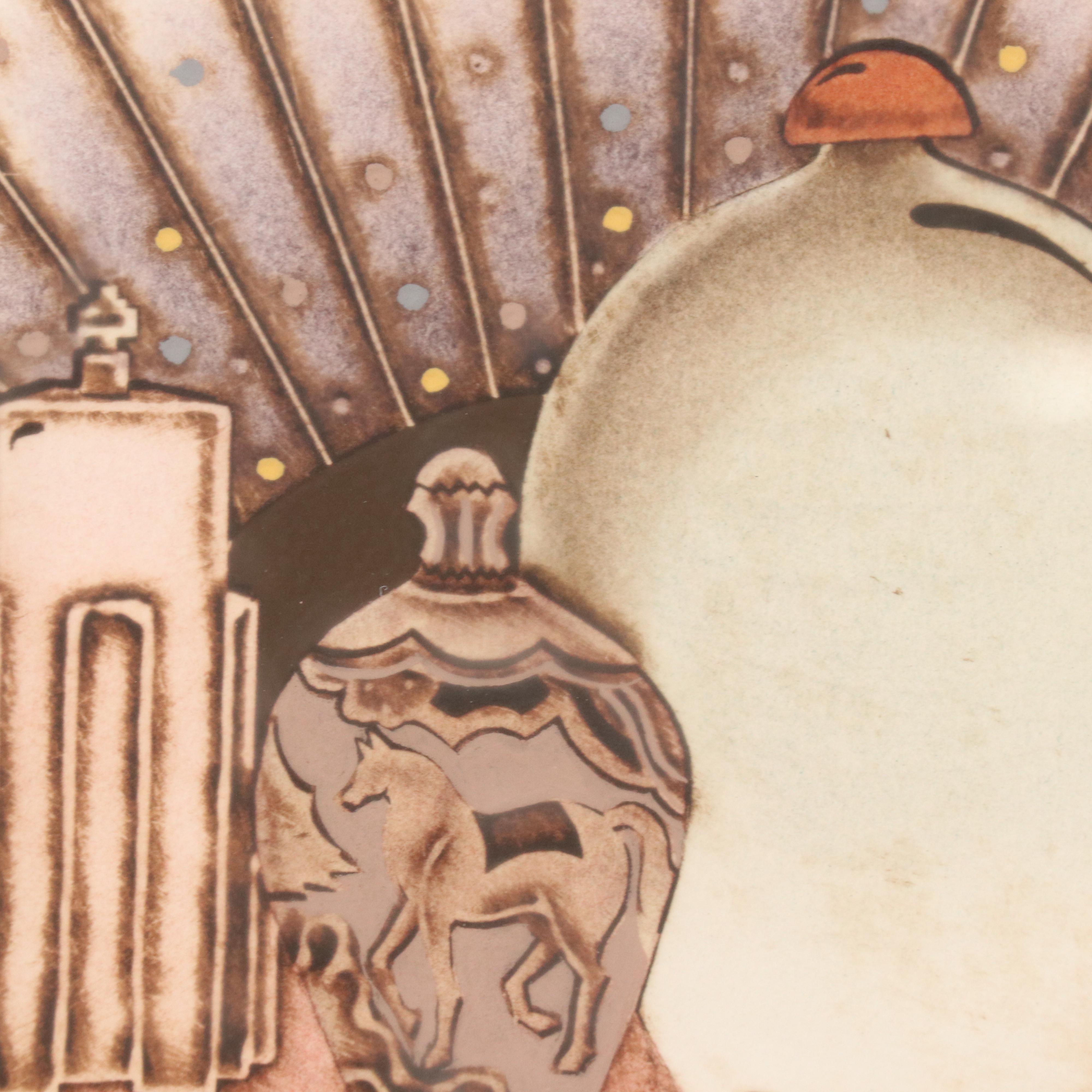 Sidney Schatzky Stylized Still Life Collograph with Animal and Floral Motifs