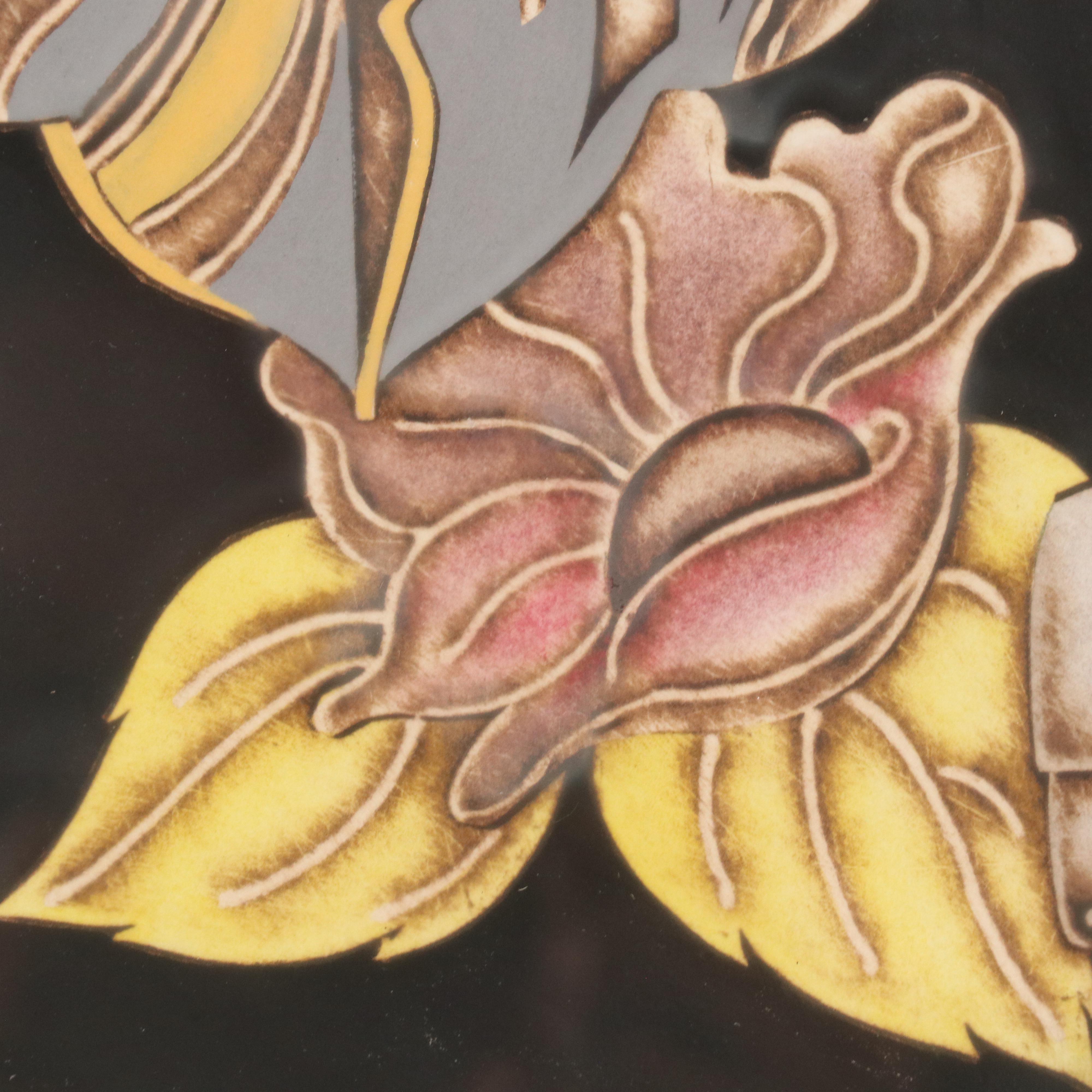 Sidney Schatzky Stylized Still Life Collograph with Animal and Floral Motifs