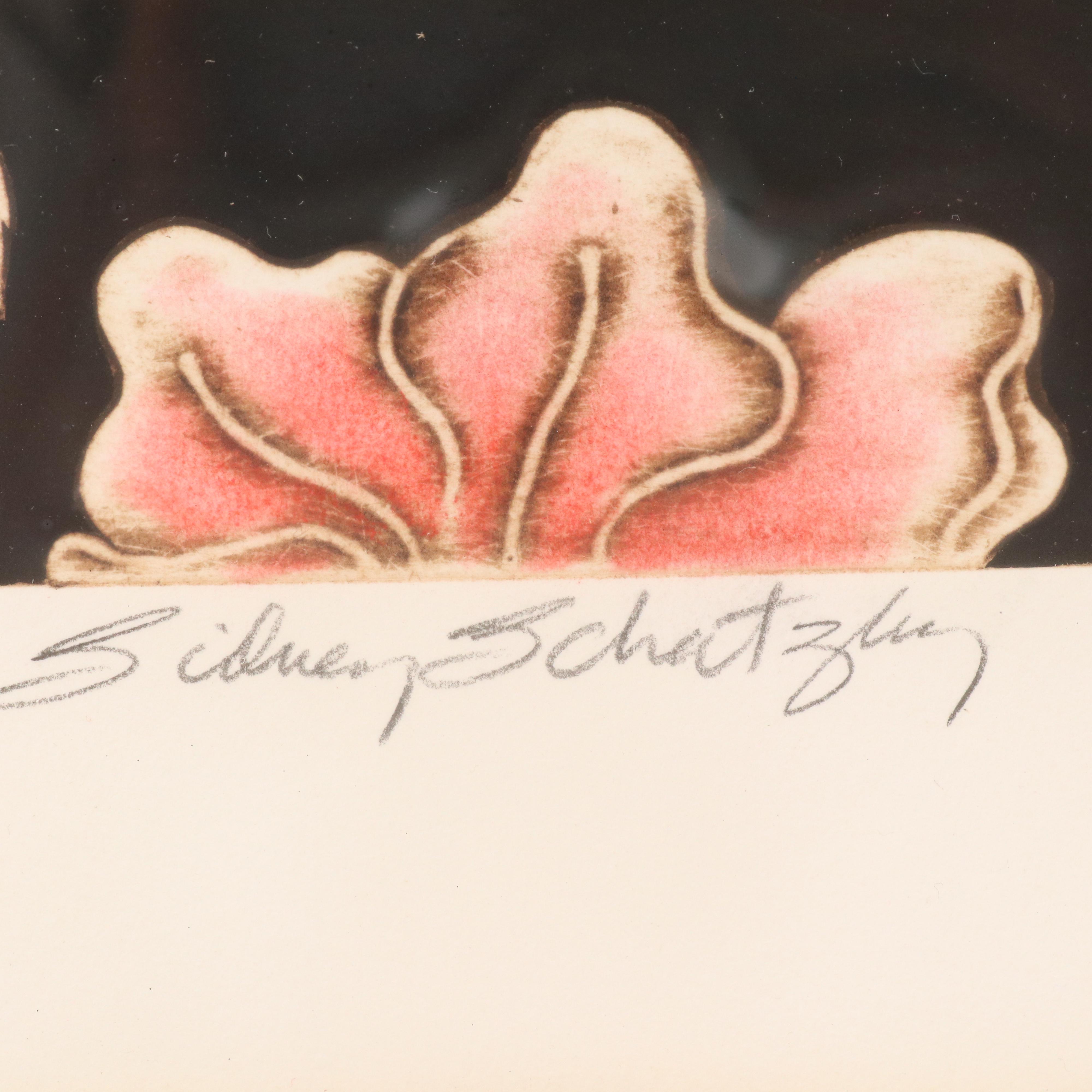 Sidney Schatzky Stylized Still Life Collograph with Animal and Floral Motifs