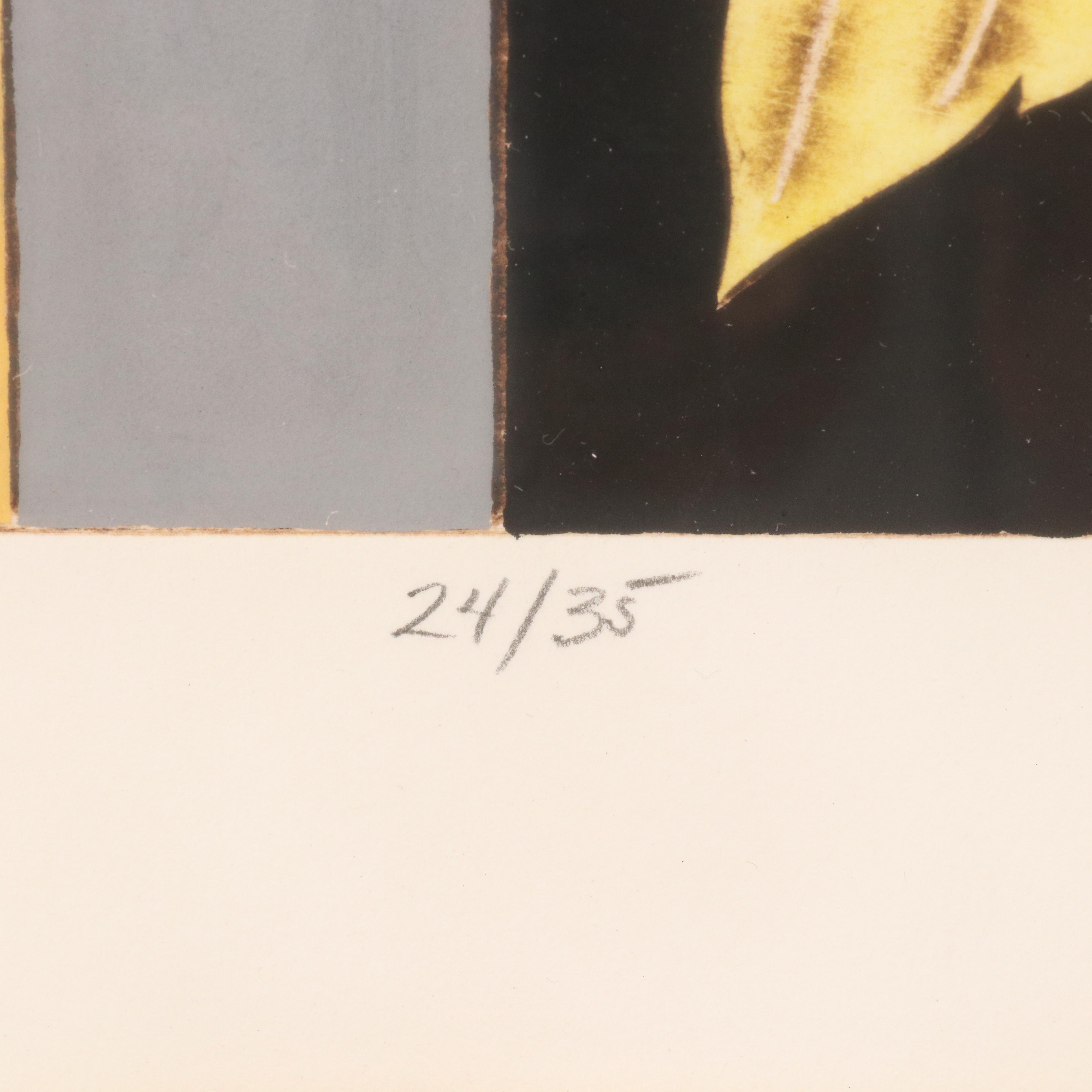 Sidney Schatzky Stylized Still Life Collograph with Animal and Floral Motifs