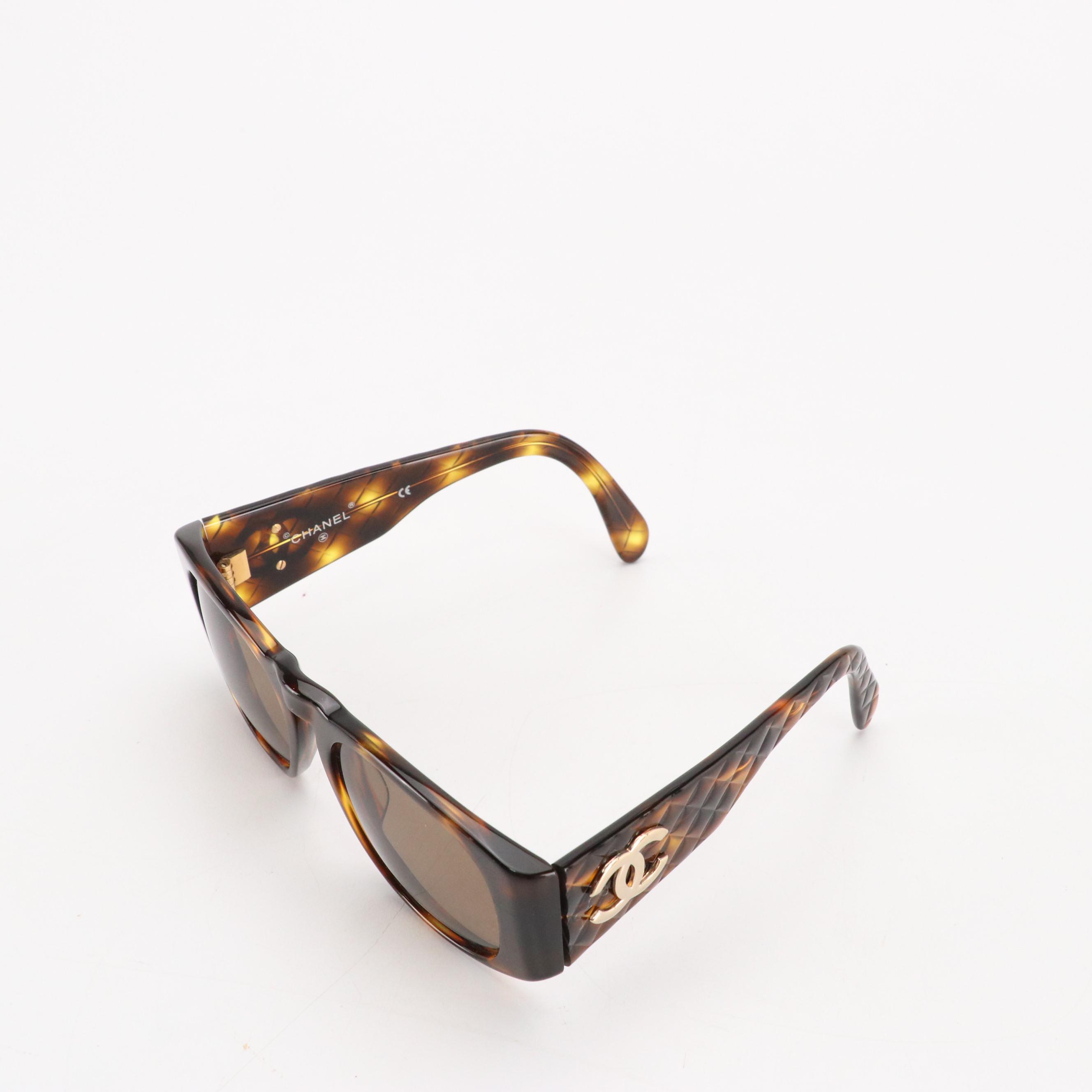 Chanel 01450 91235 Coco Mark Quilted Tortoise Square Sunglasses, With Box