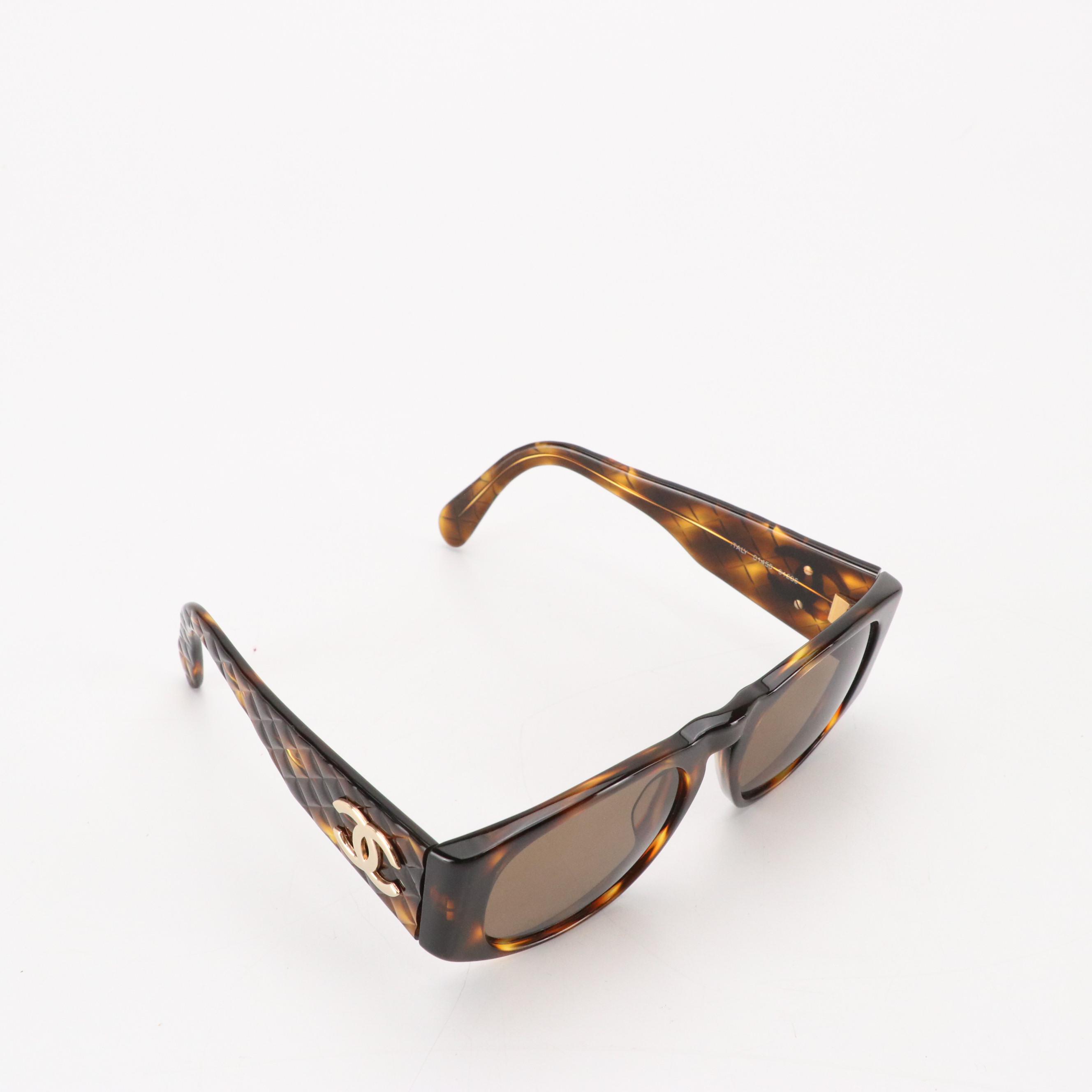 Chanel 01450 91235 Coco Mark Quilted Tortoise Square Sunglasses, With Box