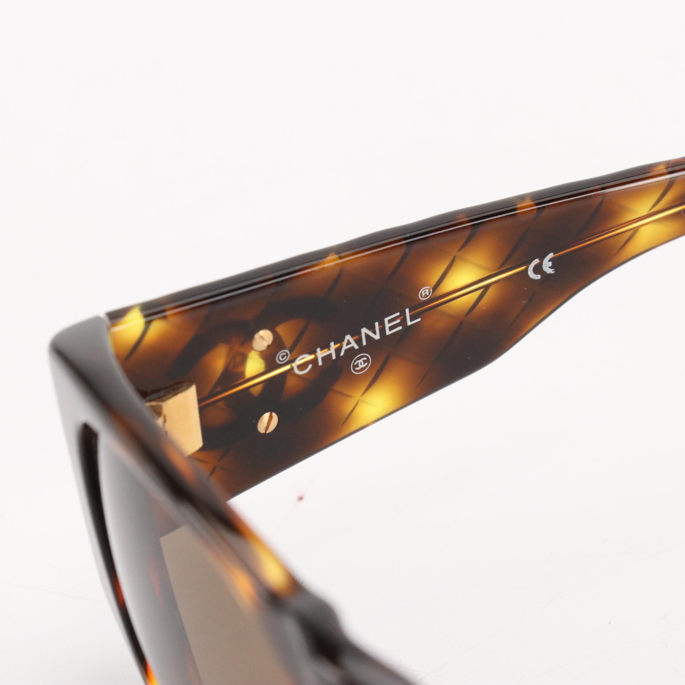 Chanel 01450 91235 Coco Mark Quilted Tortoise Square Sunglasses, With Box