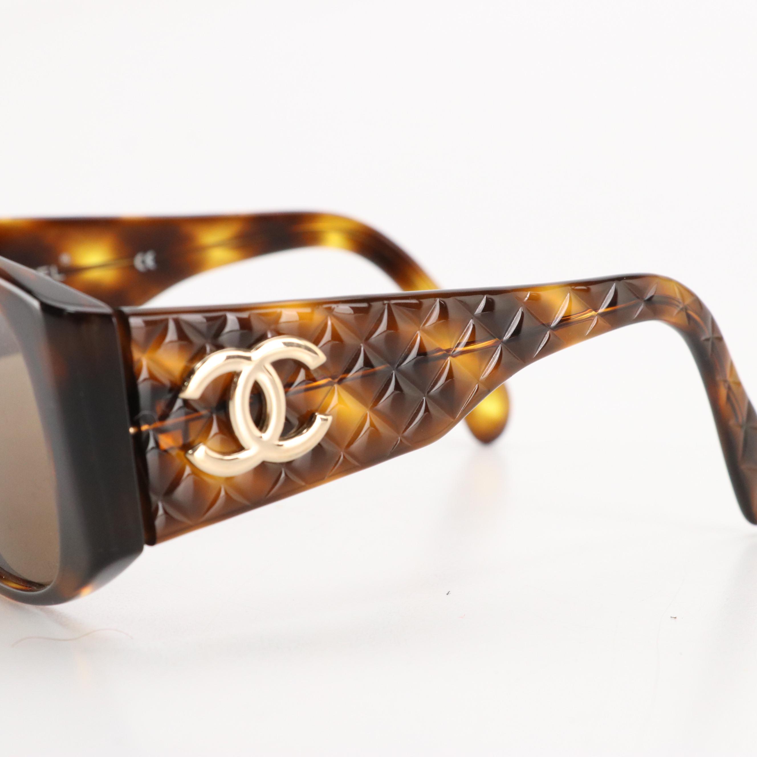 Chanel 01450 91235 Coco Mark Quilted Tortoise Square Sunglasses, With Box