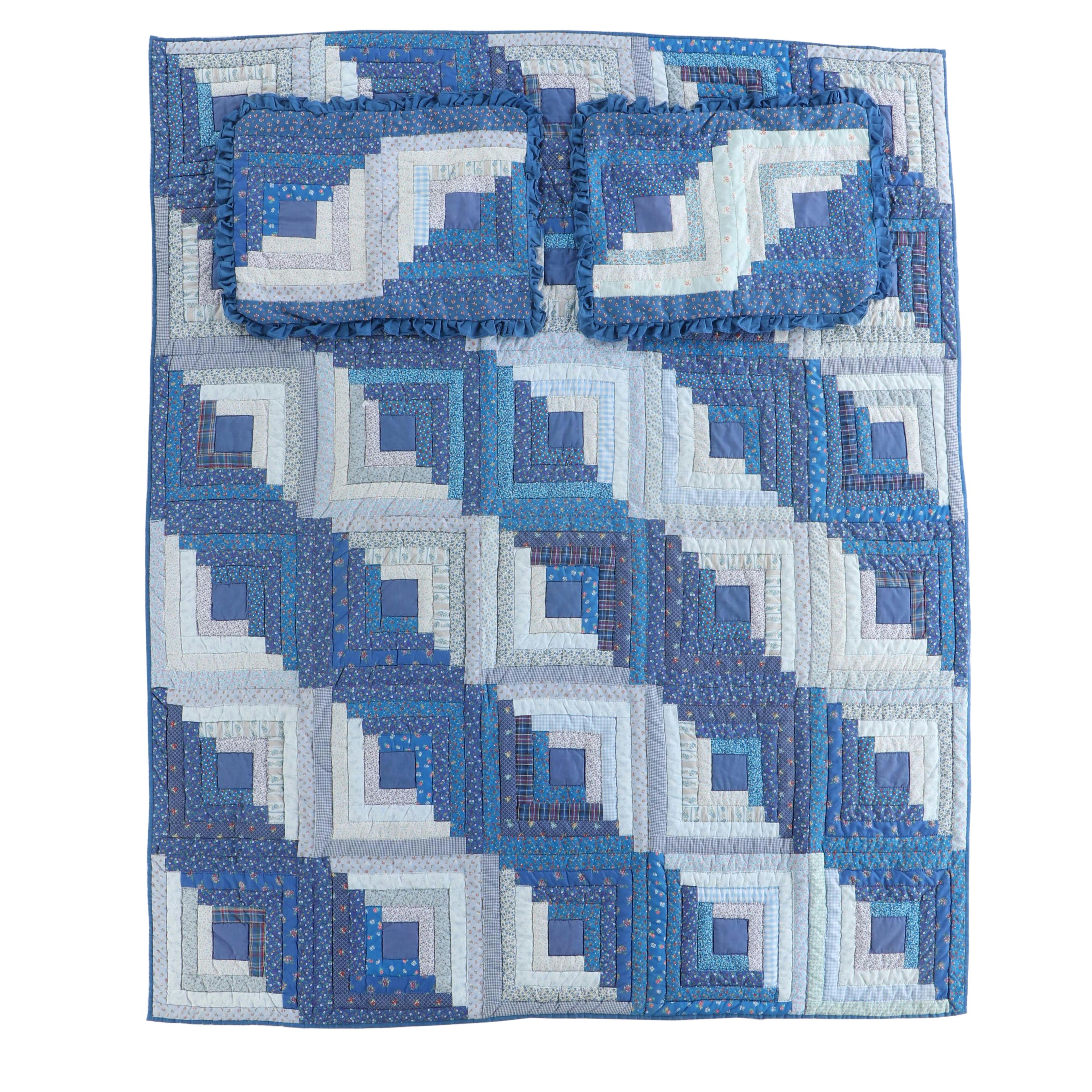 Handmade Pieced "Log Cabin" Blue Calico Quilt with Matching Pillow Cases