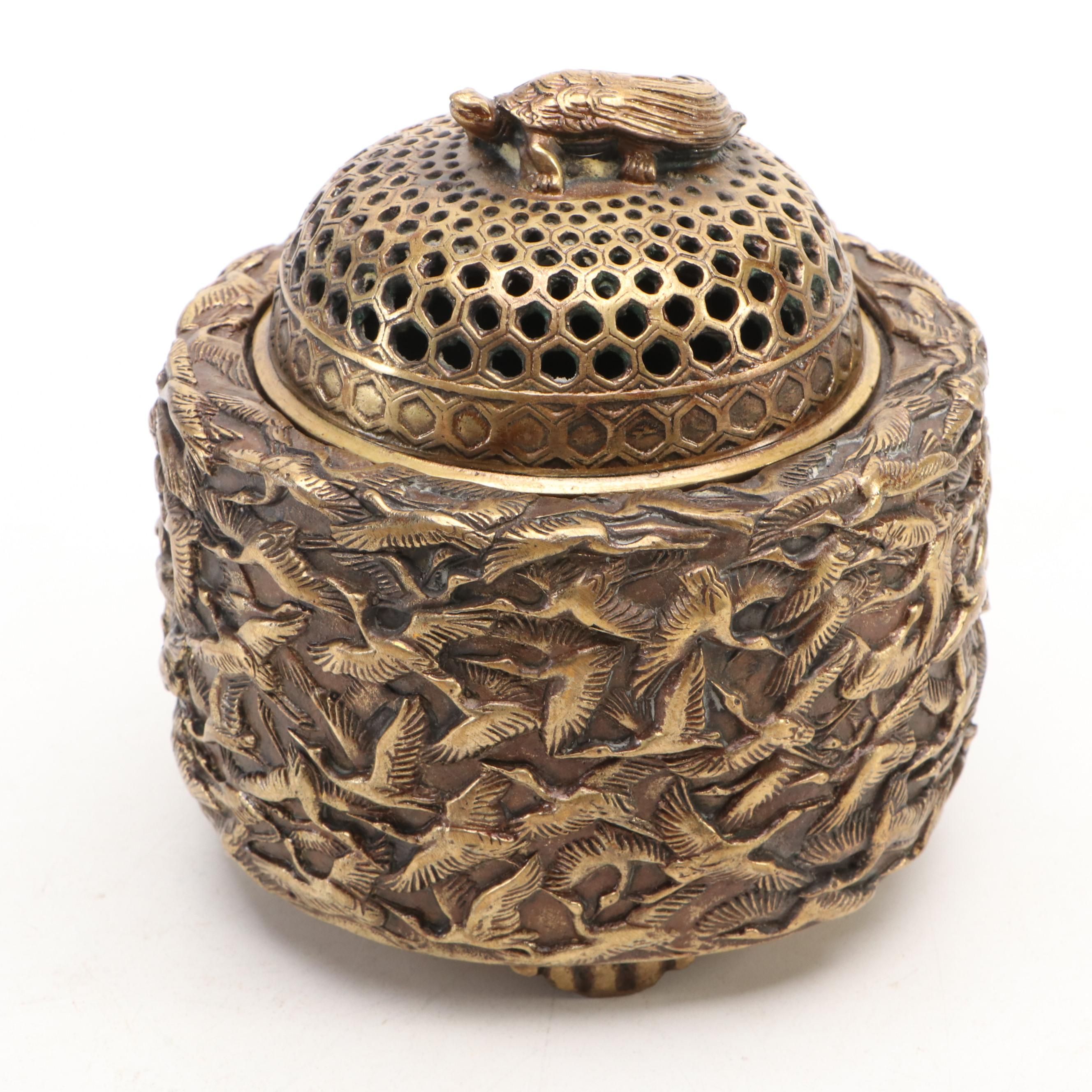 Chinese Bas Relief Brass Cranes Incense Burner with Tortoise Finial