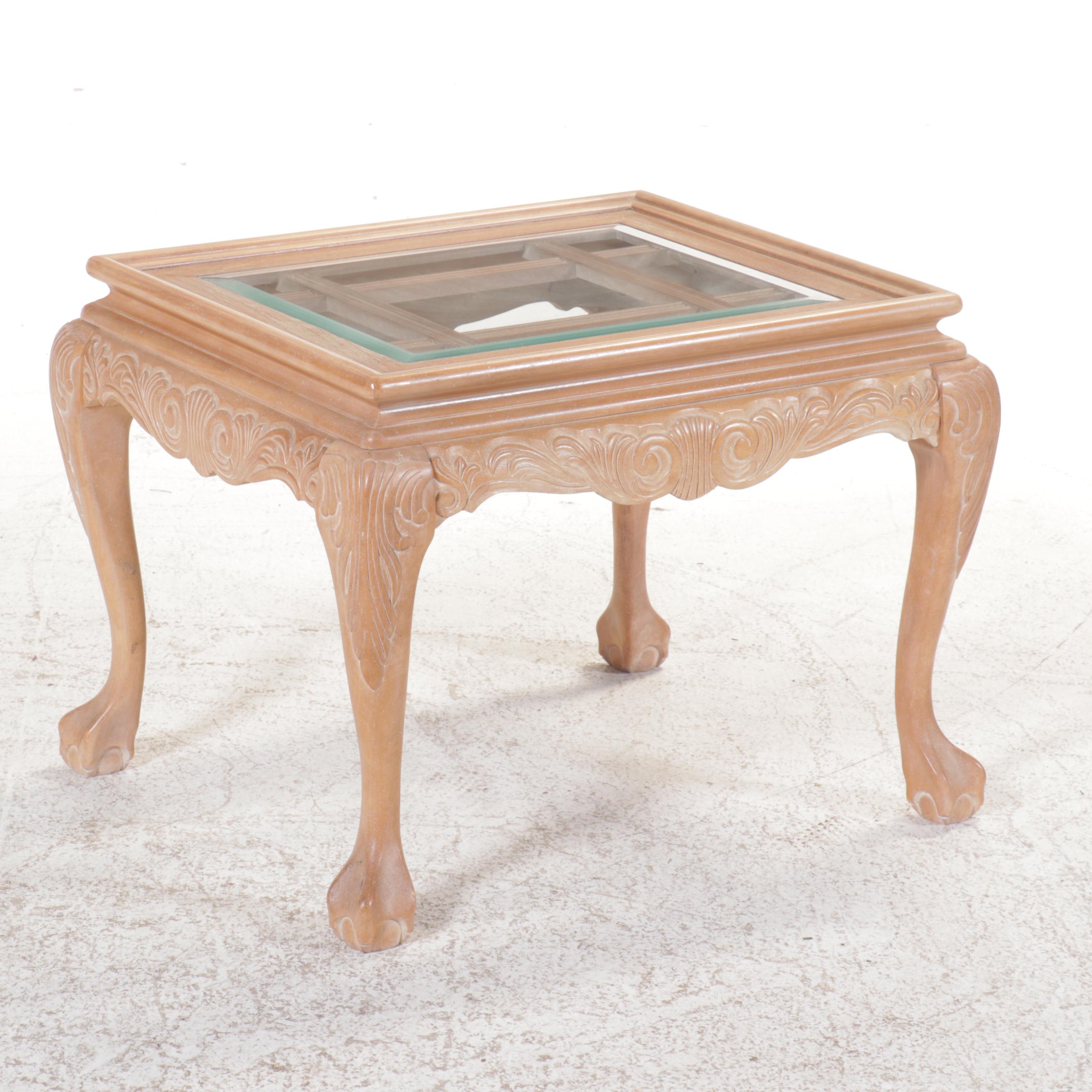 Pair of Carved Chippendale Style End Tables with Glass Tops