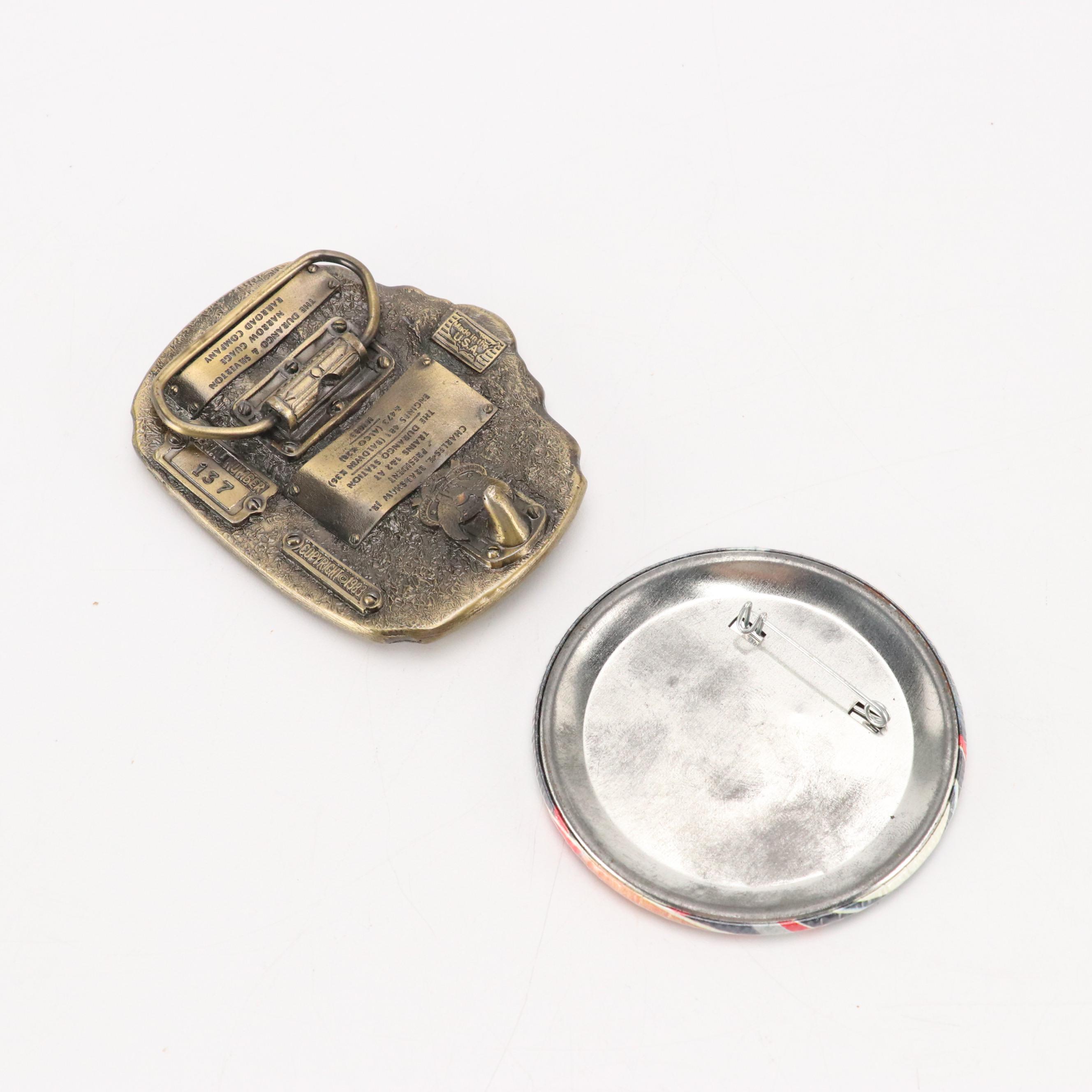 Commemorative Brass, Pewter, and Metal Belt Buckles with Badge Pin