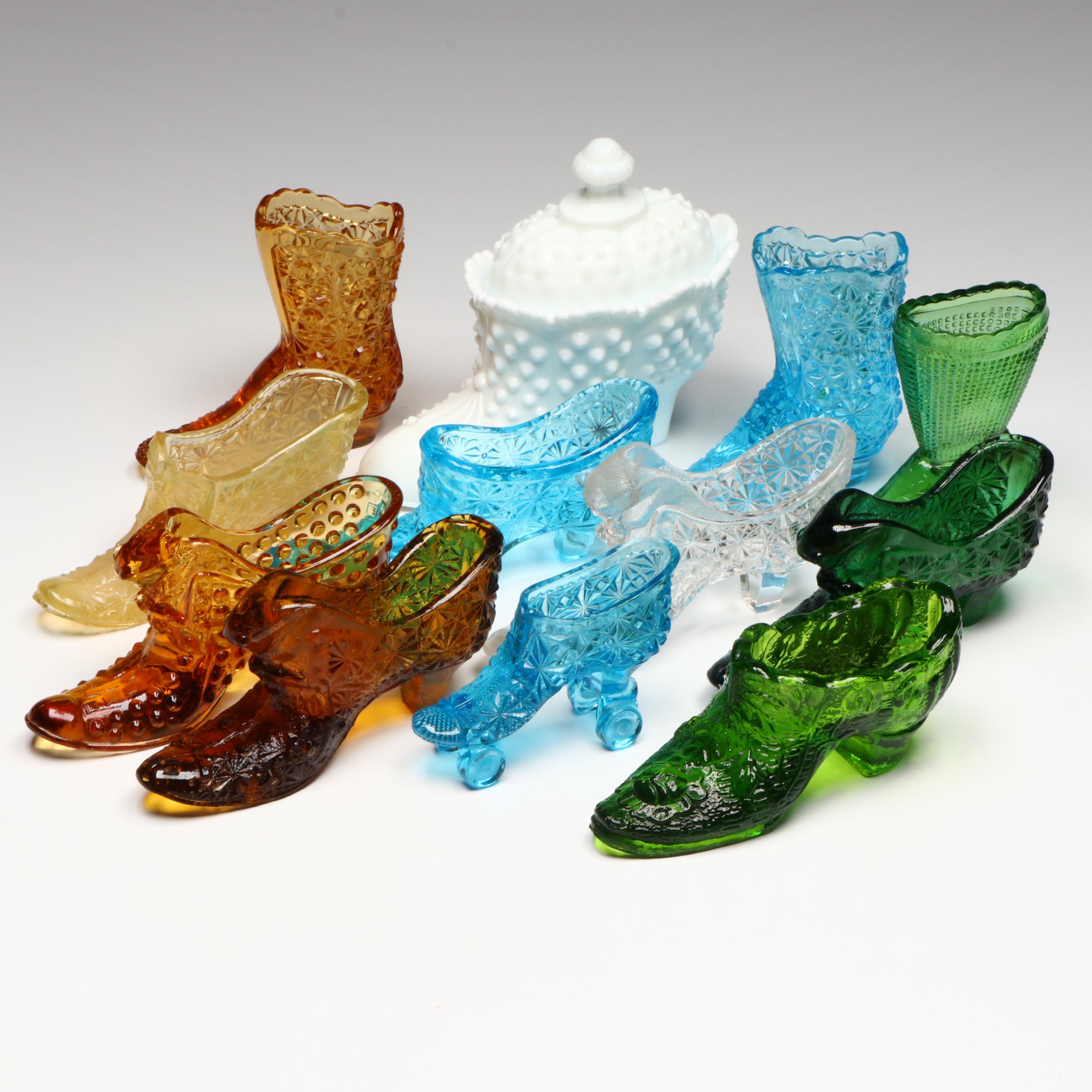 Fenton Hobnail Milk Glass Shoe with Lid and Other Glass Slippers Vases