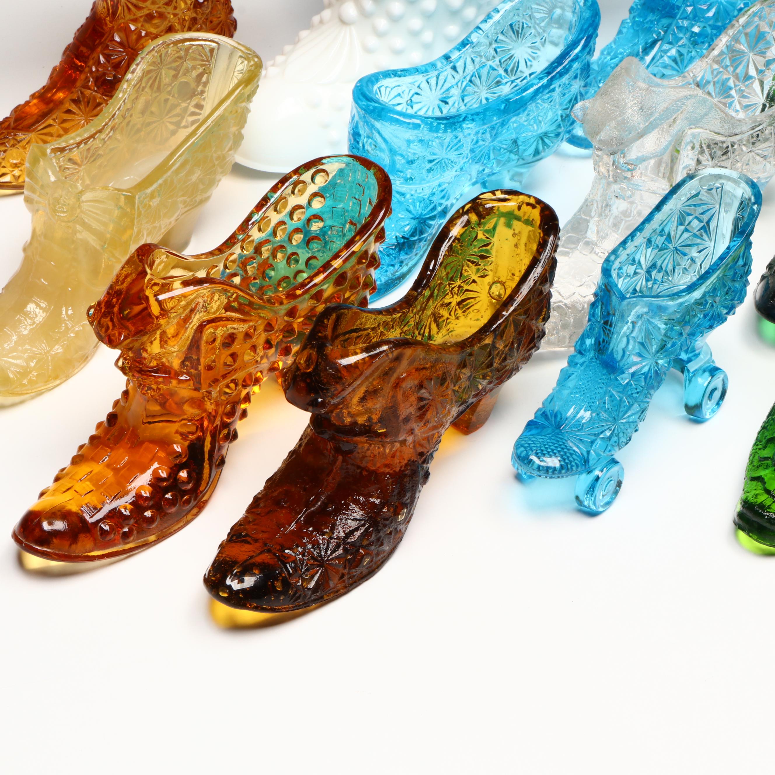 Fenton Hobnail Milk Glass Shoe with Lid and Other Glass Slippers Vases