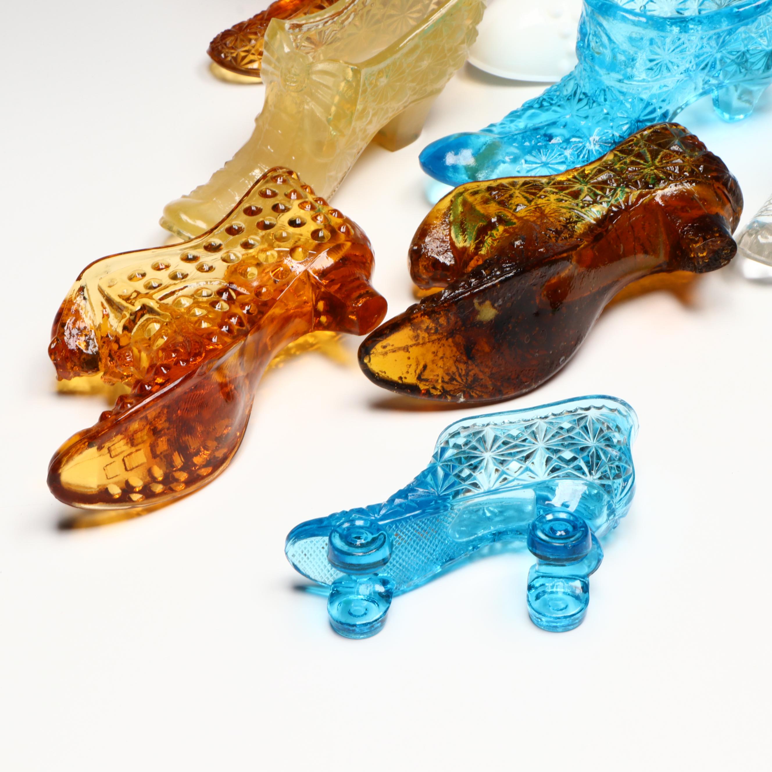 Fenton Hobnail Milk Glass Shoe with Lid and Other Glass Slippers Vases