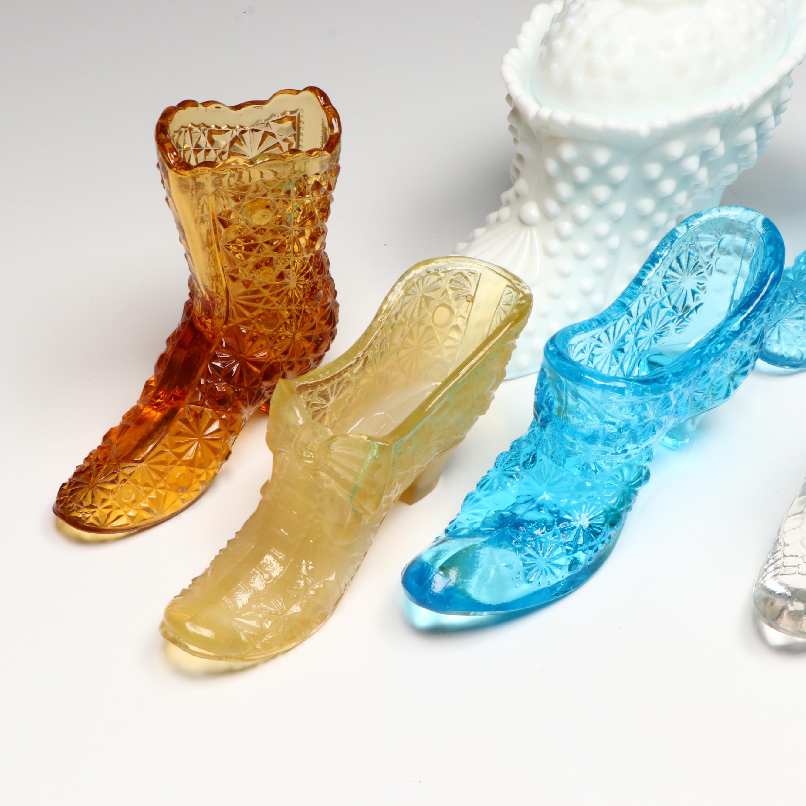Fenton Hobnail Milk Glass Shoe with Lid and Other Glass Slippers Vases