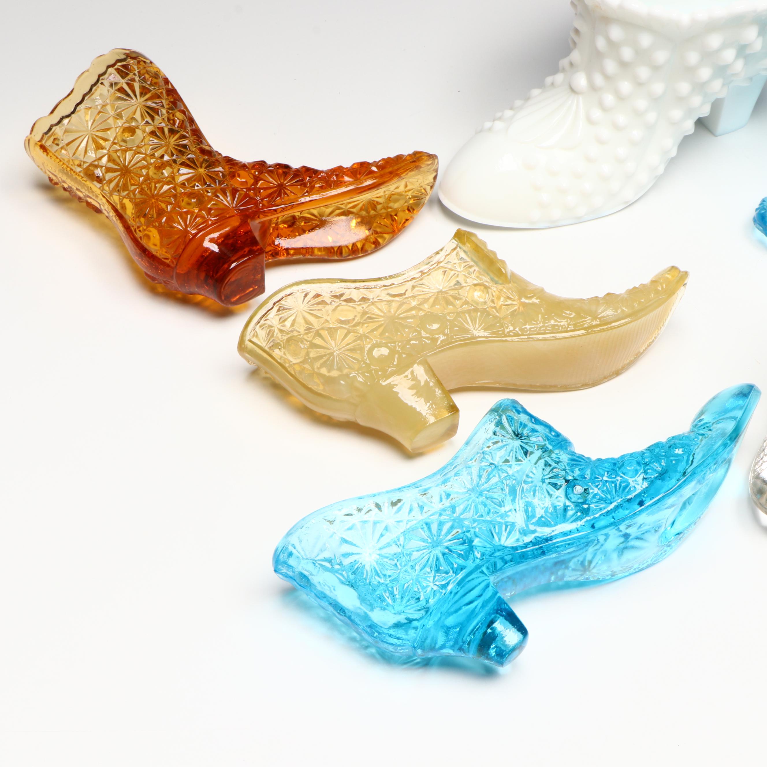 Fenton Hobnail Milk Glass Shoe with Lid and Other Glass Slippers Vases