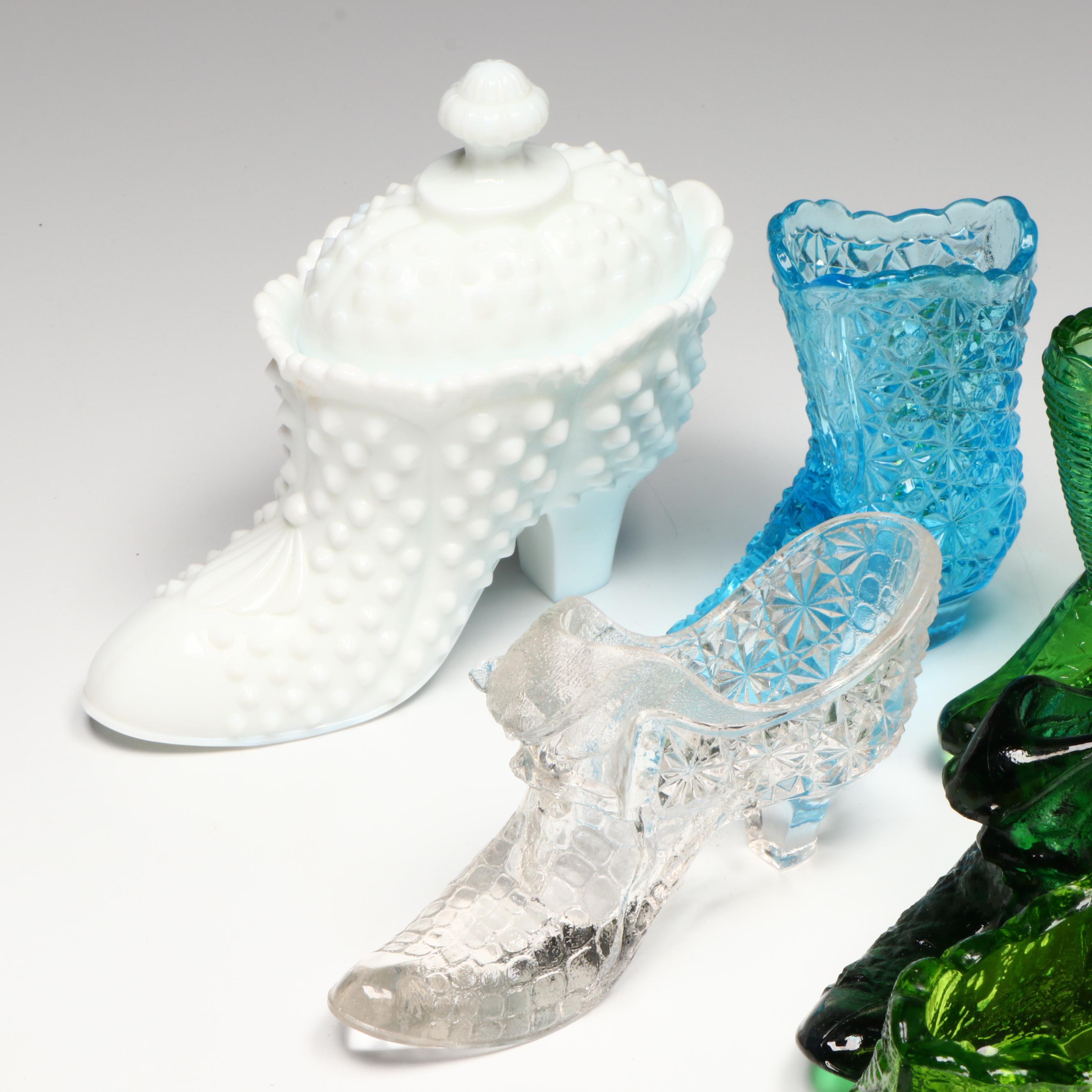 Fenton Hobnail Milk Glass Shoe with Lid and Other Glass Slippers Vases