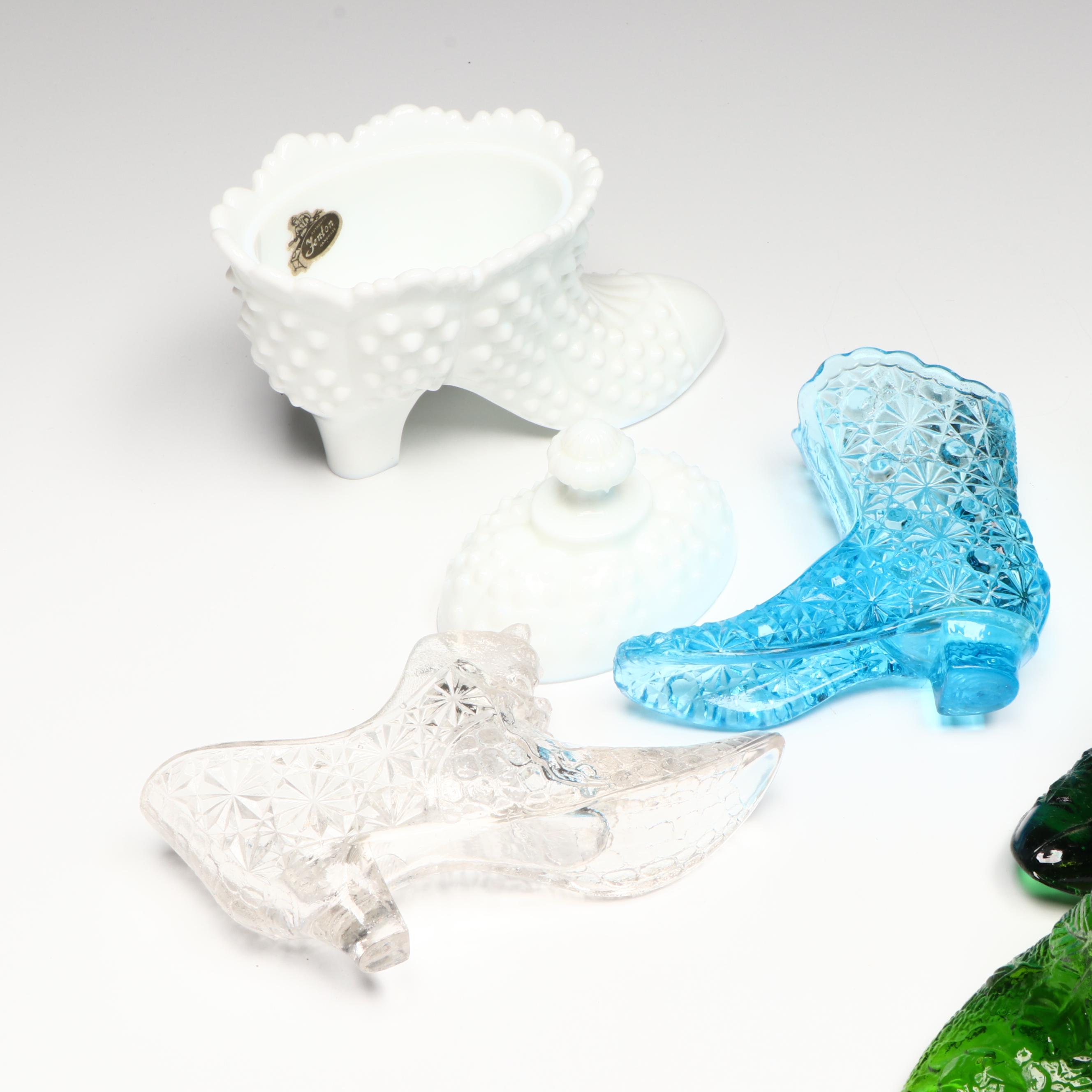Fenton Hobnail Milk Glass Shoe with Lid and Other Glass Slippers Vases