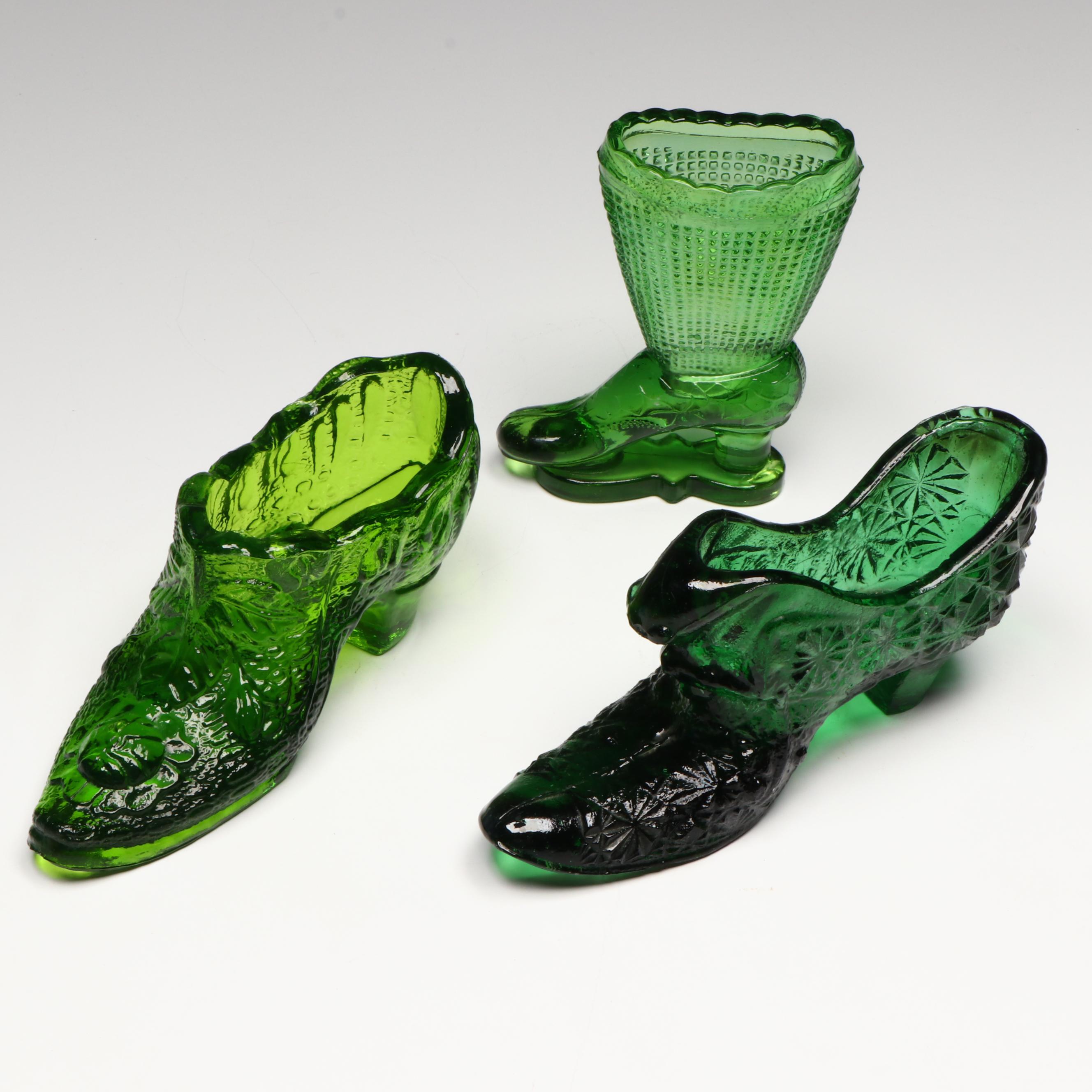 Fenton Hobnail Milk Glass Shoe with Lid and Other Glass Slippers Vases