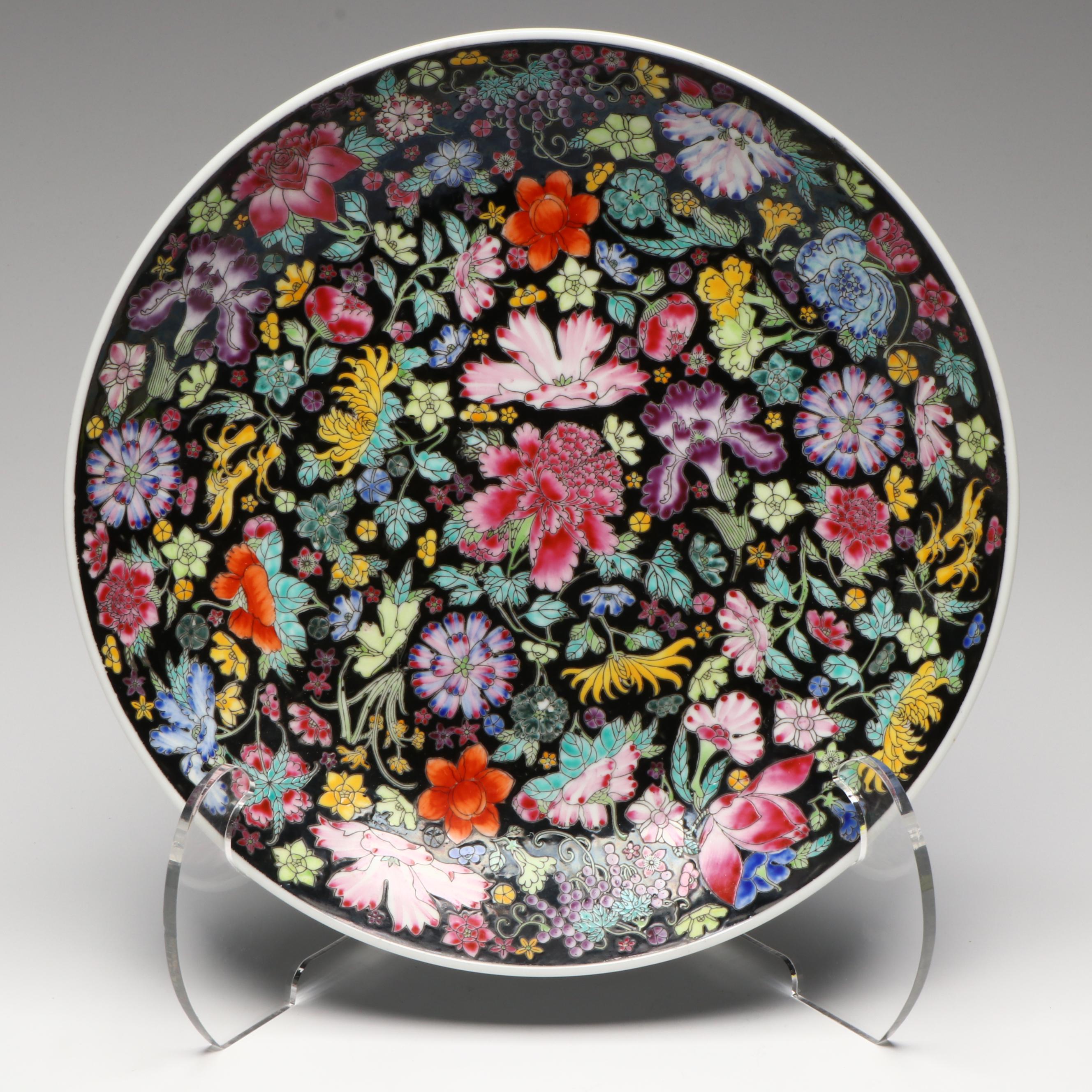 Chinese Famille Noir Mille Fleur Porcelain Serving Bowl